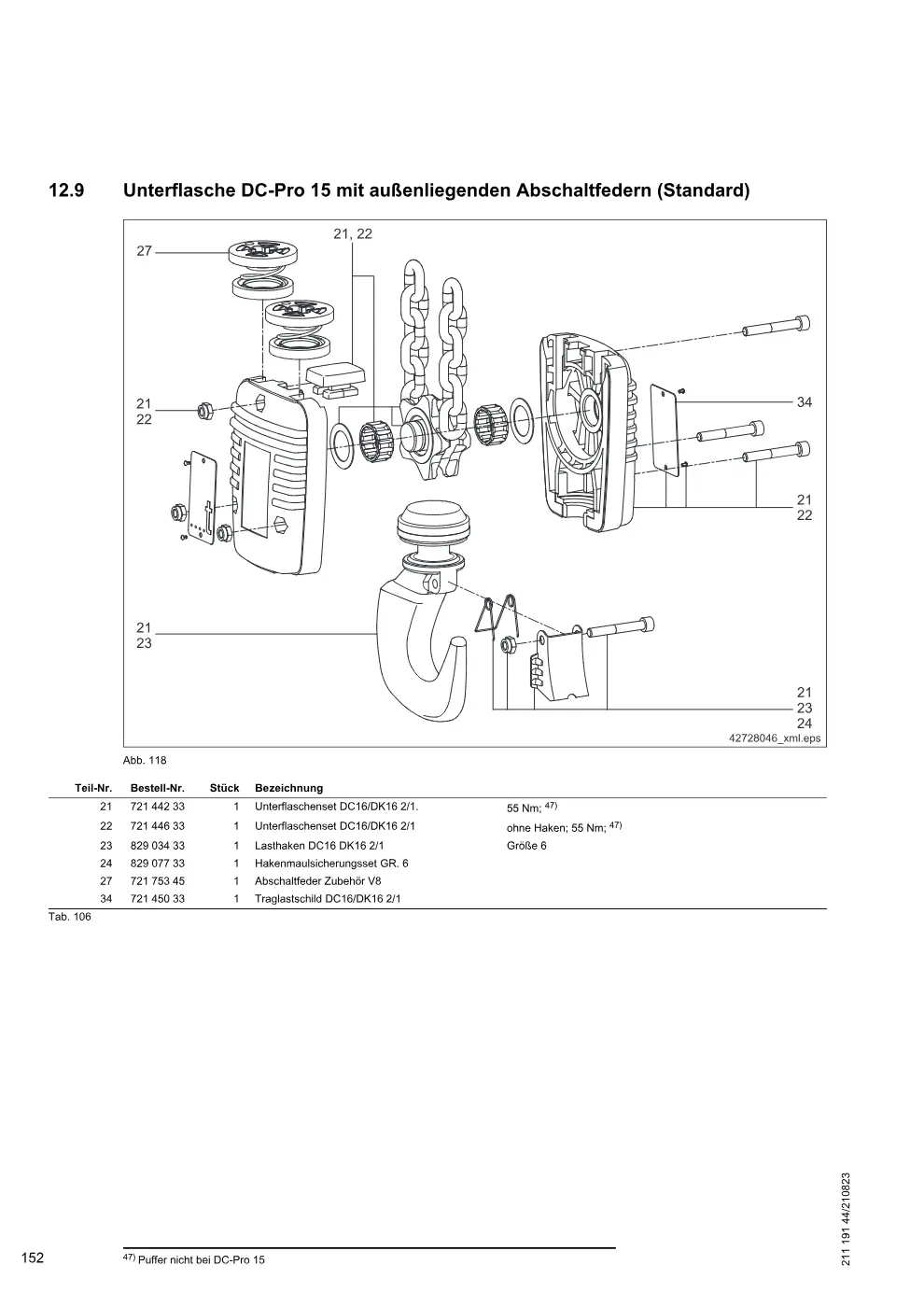 Demag DC-ProDC / -ProCC / -ProFC 1-15, DC-ComDC 1-10 – Unterflasche DC-Pro 15 mit außenliegenden Abschaltfedern (Standard), Zeichnung Seite 152