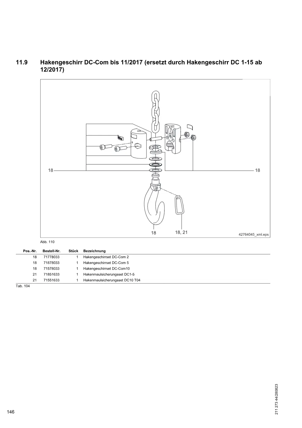 Demag DC-Pro 1-15, DC-Com 1-10 – Hakengeschirr DC-Com bis 11/2017 (ersetzt durch Hakengeschirr DC 1-15 ab, Zeichnung Seite 146