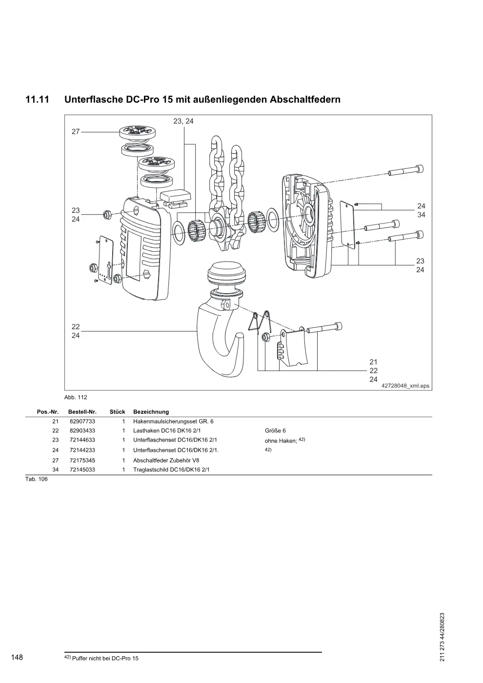 Demag DC-Pro 1-15, DC-Com 1-10 – Unterflasche DC-Pro 15 mit außenliegenden Abschaltfedern, Zeichnung Seite 148