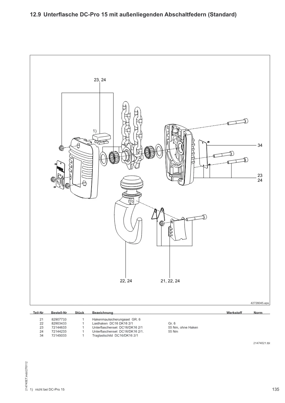 Demag DC-Pro 1-15, DC-Com 1-10 – Unterflasche DC-Pro 15 mit außenliegenden Abschaltfedern (Standard), Zeichnung Seite 135