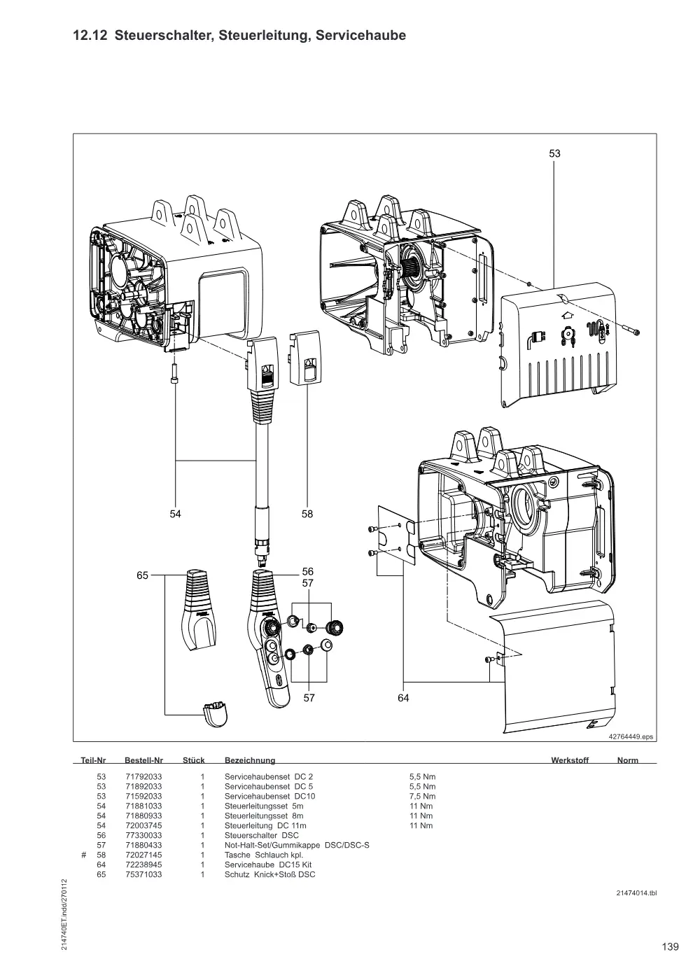 Demag DC-Pro 1-15, DC-Com 1-10 – Steuerschalter, Steuerleitung, Servicehaube, Zeichnung Seite 139