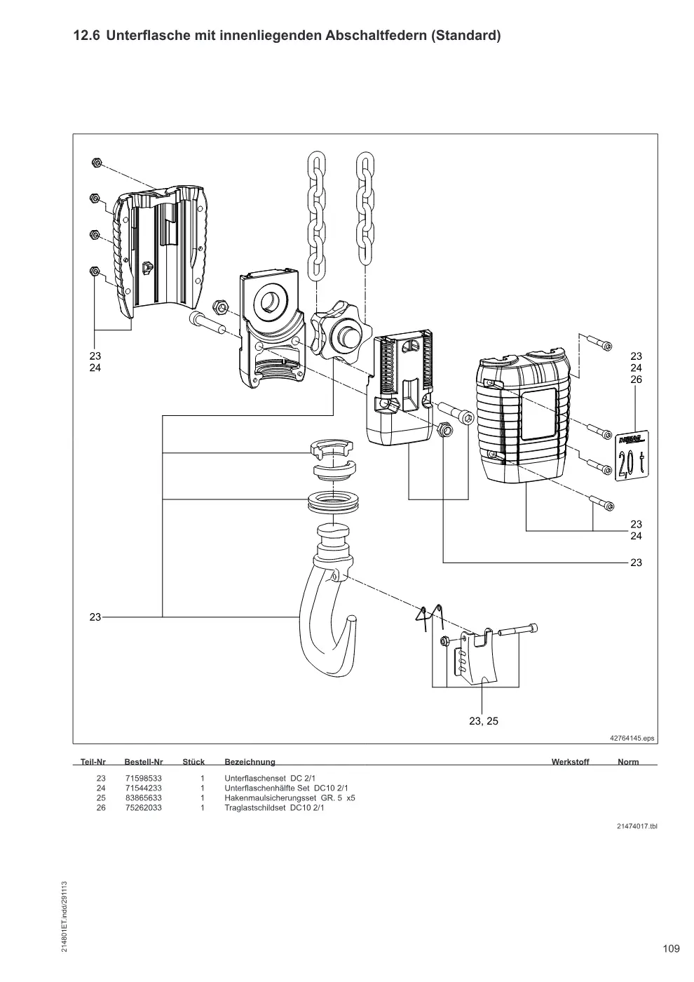 Demag DC-Com 1-10 – Unterflasche mit innenliegenden Abschaltfedern (Standard), Zeichnung Seite 109