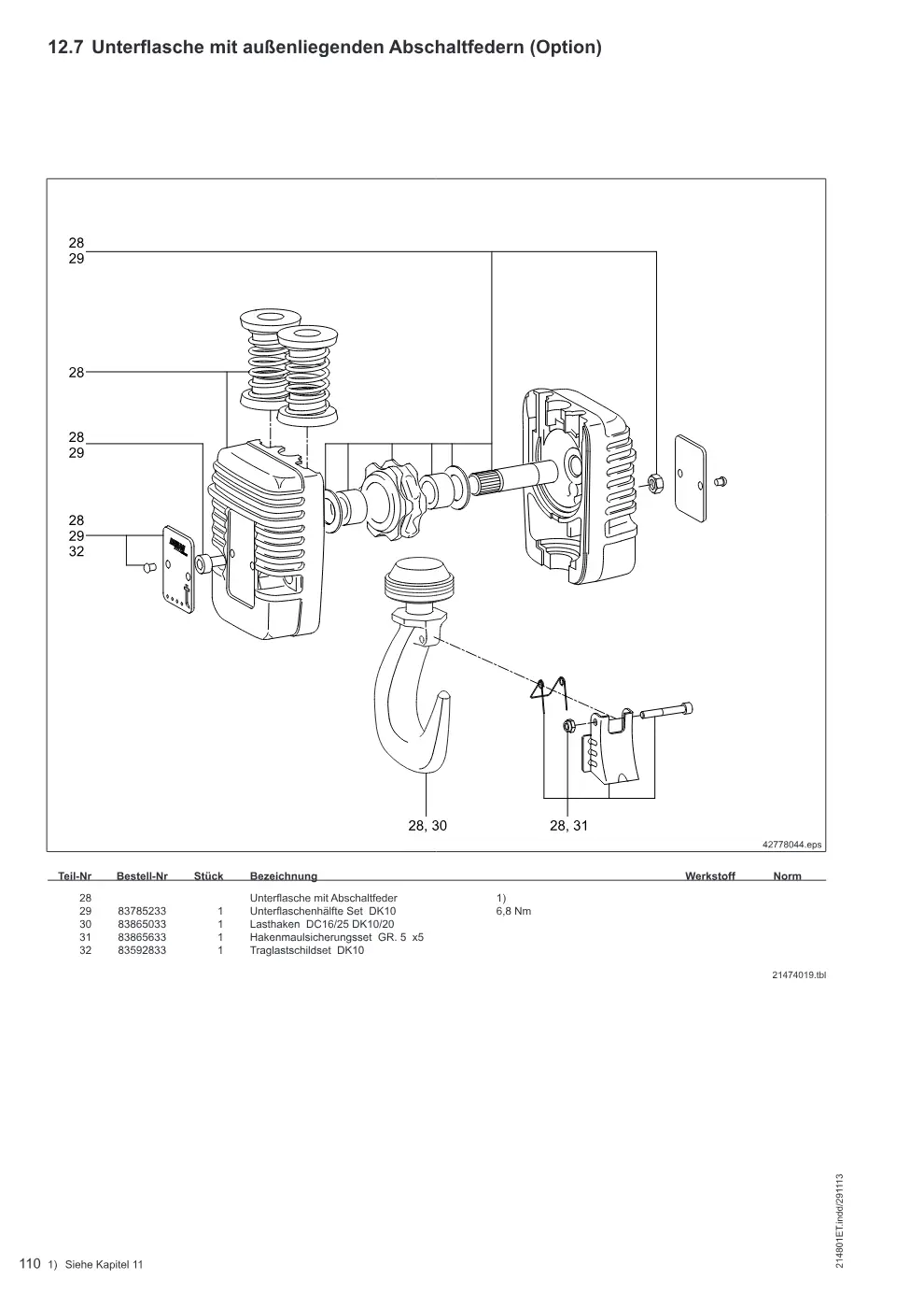 Demag DC-Com 1-10 – Unterflasche mit außenliegenden Abschaltfedern (Option), Zeichnung Seite 110