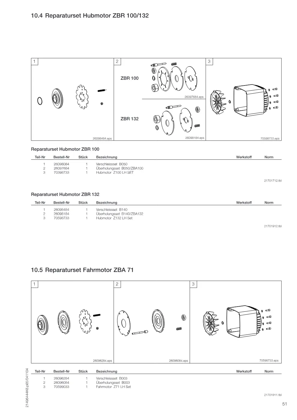 Demag DR-Com Zweischienenkatze EZDR 5-10 – Reparaturset Hubmotor ZBR 100/132, Zeichnung Seite 51
