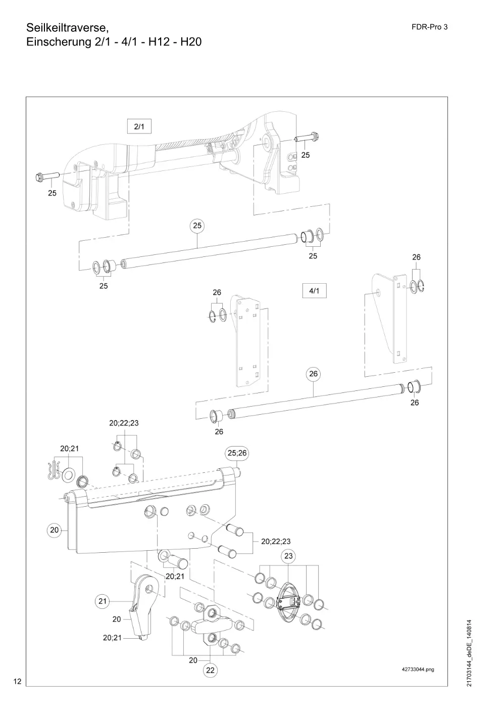 Demag FDR-Pro 3 – Seilkeiltraverse, Einscherung 2/1 - 4/1 - H12 - H20, Zeichnung Seite 12