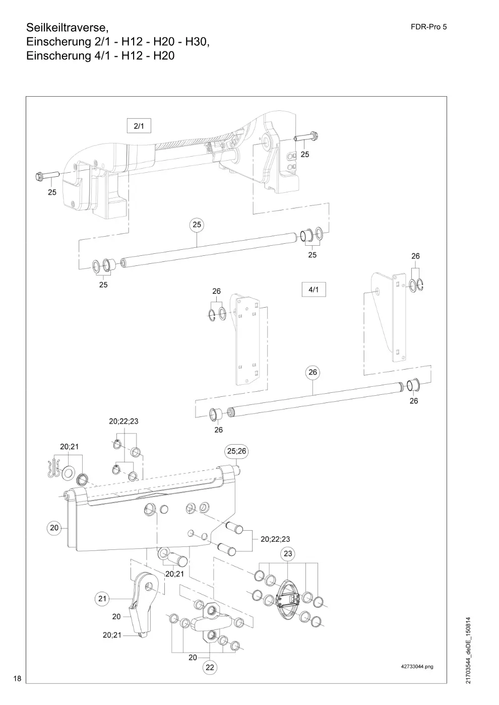 Demag FDR-Pro 5 – Seilkeiltraverse, Einscherung 2/1 - H12 - H20 - H30, Einscherung 4/1 - H12 - H20, Zeichnung Seite 18