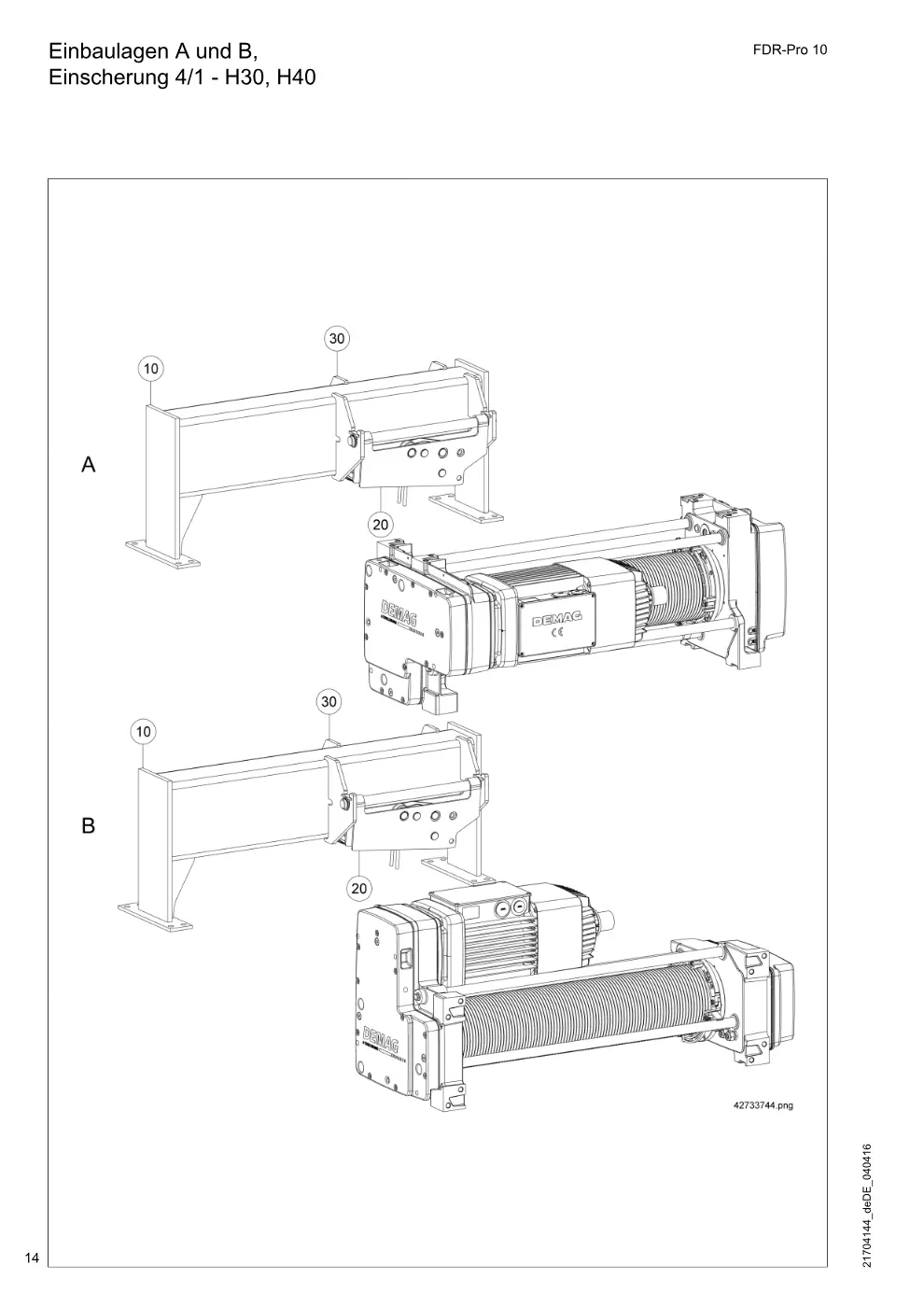 Demag FDR-Pro 10 – Einbaulagen A und B, Einscherung 4/1 - H30, H40, Zeichnung Seite 14