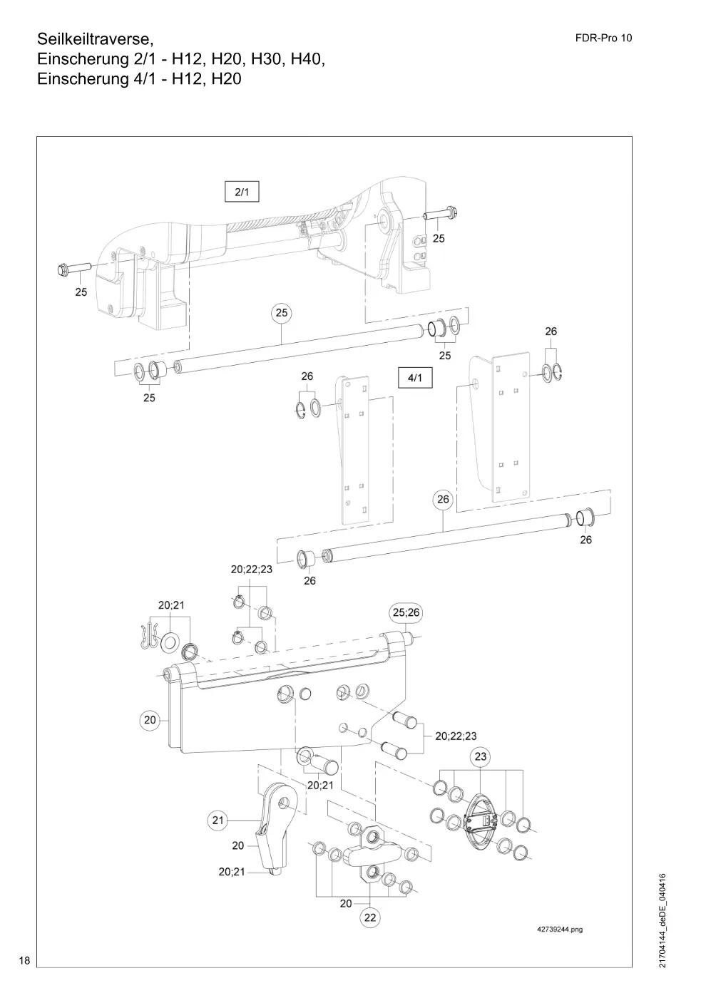 Demag FDR-Pro 10 – Seilkeiltraverse, Einscherung 2/1 - H12, H20, H30, H40, Einscherung 4/1 - H12, H20, Zeichnung Seite 18