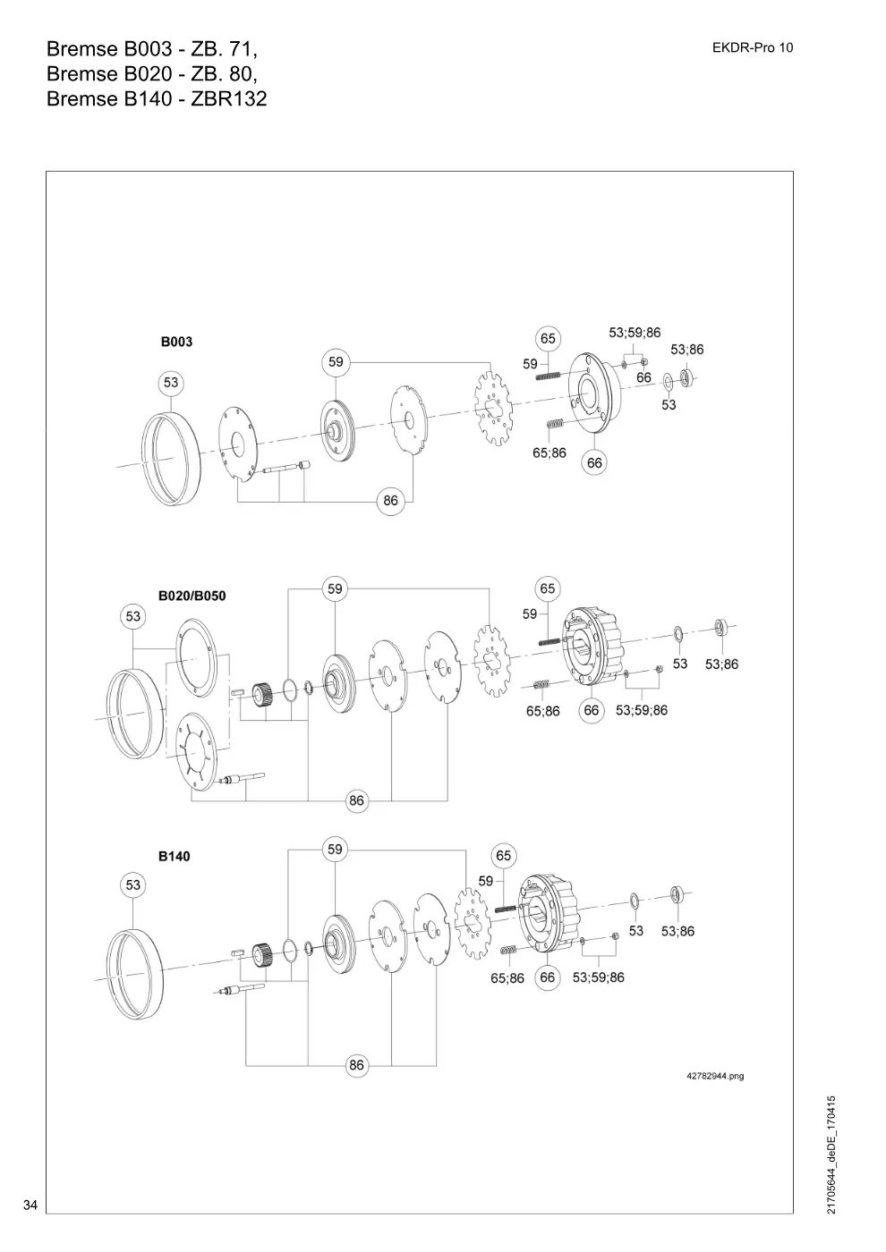 Demag EKDR-Pro 10 – Bremse B003 - ZB. 71, Bremse B020 - ZB. 80, Bremse B140 - ZBR132, Zeichnung Seite 34