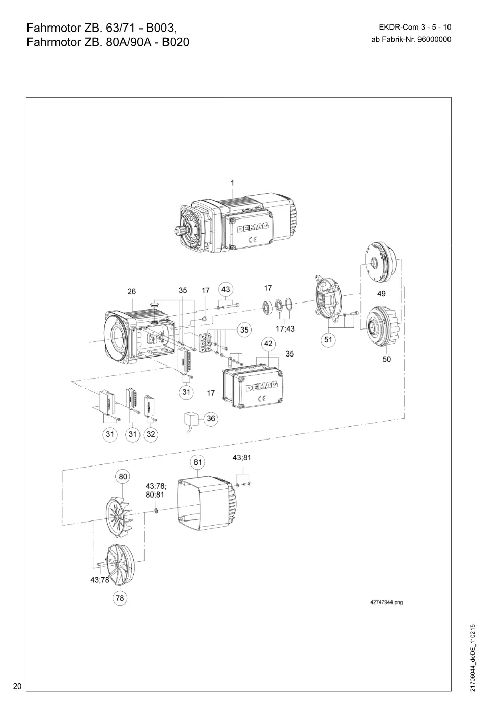 Demag EKDR-Com 3-5-10 (ab Fabrik-Nr. 96000000) – Fahrmotor ZB. 63/71 - B003, Fahrmotor ZB. 80A/90A - B020, Zeichnung Seite 20