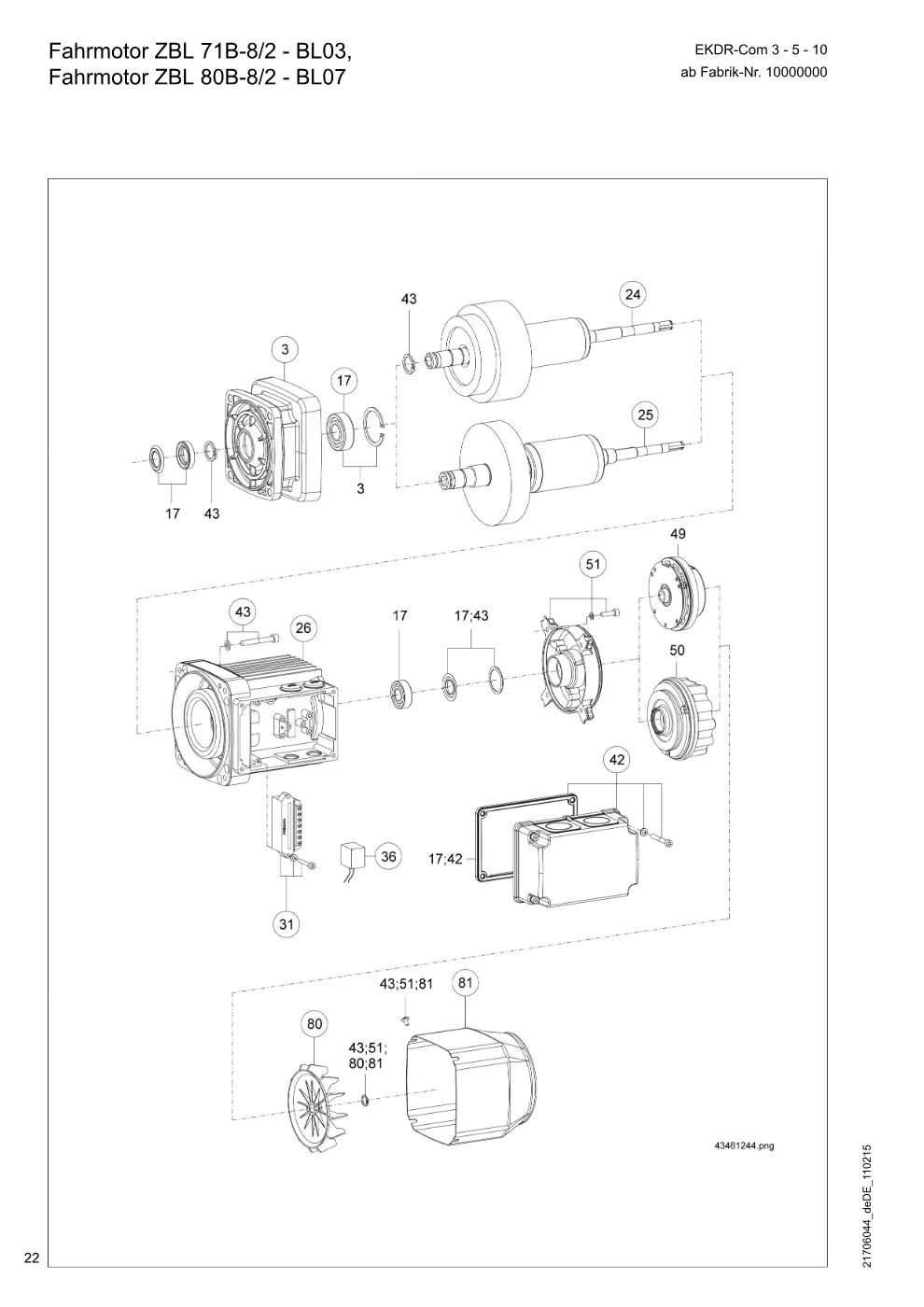 Demag EKDR-Com 3-5-10 (ab Fabrik-Nr. 96000000) – Fahrmotor ZBL 71B-8/2 - BL03, Fahrmotor ZBL 80B-8/2 - BL07, Zeichnung Seite 22