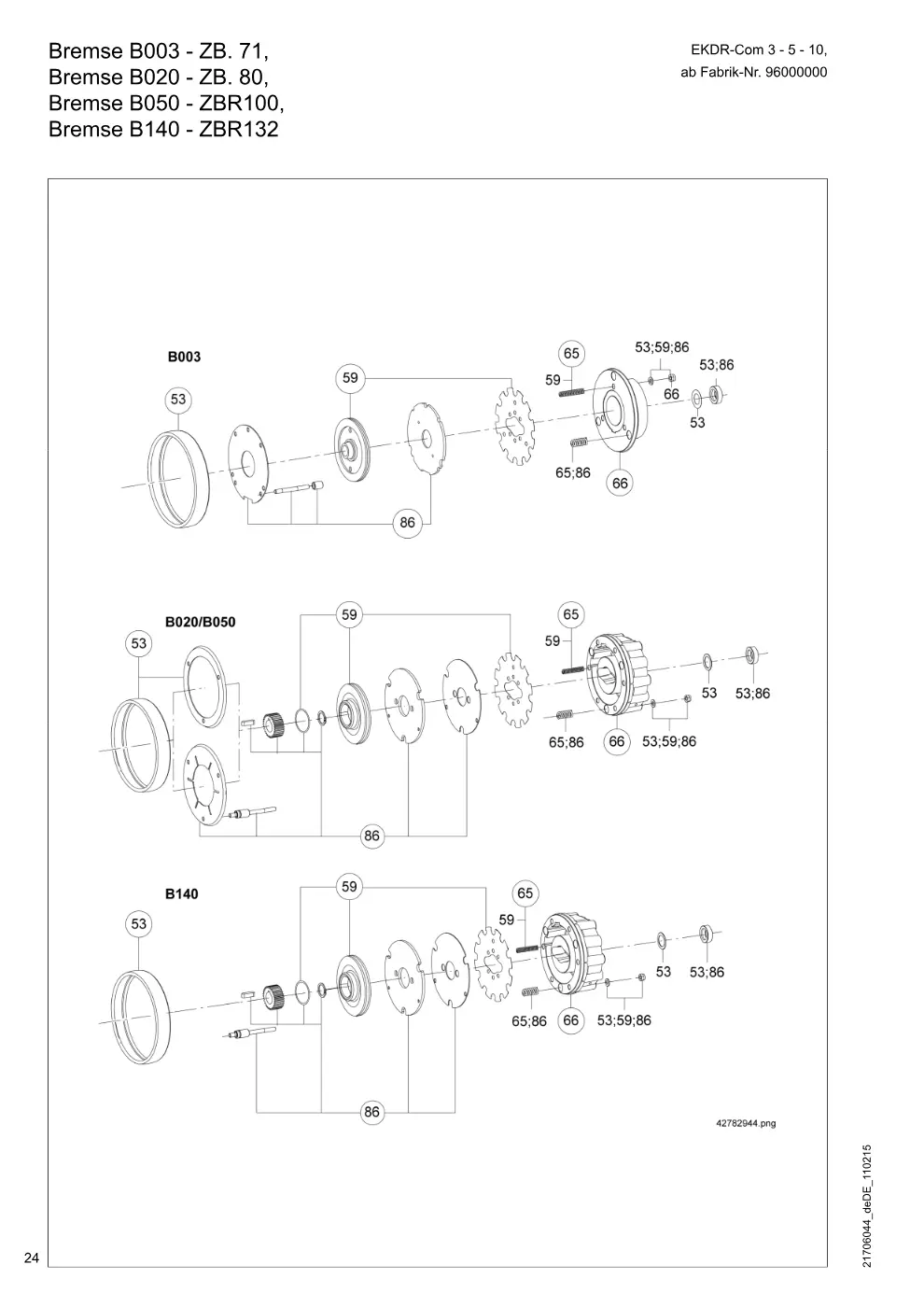 Demag EKDR-Com 3-5-10 (ab Fabrik-Nr. 96000000) – Bremse B003 - ZB. 71, Bremse B020 - ZB. 80, Bremse B050 - ZBR100,, Zeichnung Seite 24