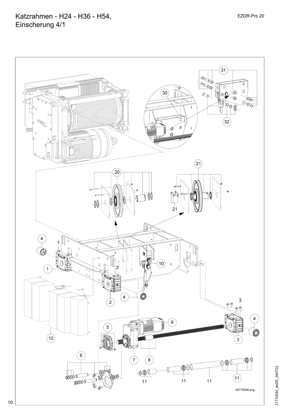 Demag EZDR-Pro 20 – Katzrahmen - H24 - H36 - H54, Einscherung 4/1, Zeichnung Seite 10