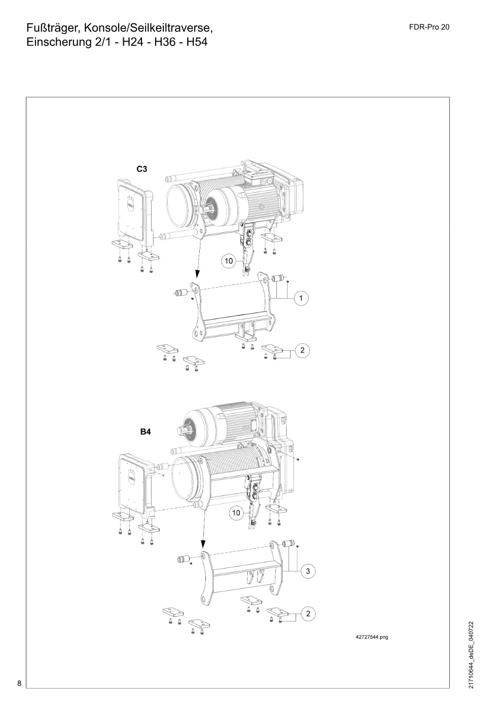 Demag FDR-Pro 20 – Fußträger, Konsole/Seilkeiltraverse, Einscherung 2/1 - H24 - H36 - H54, Zeichnung Seite 8