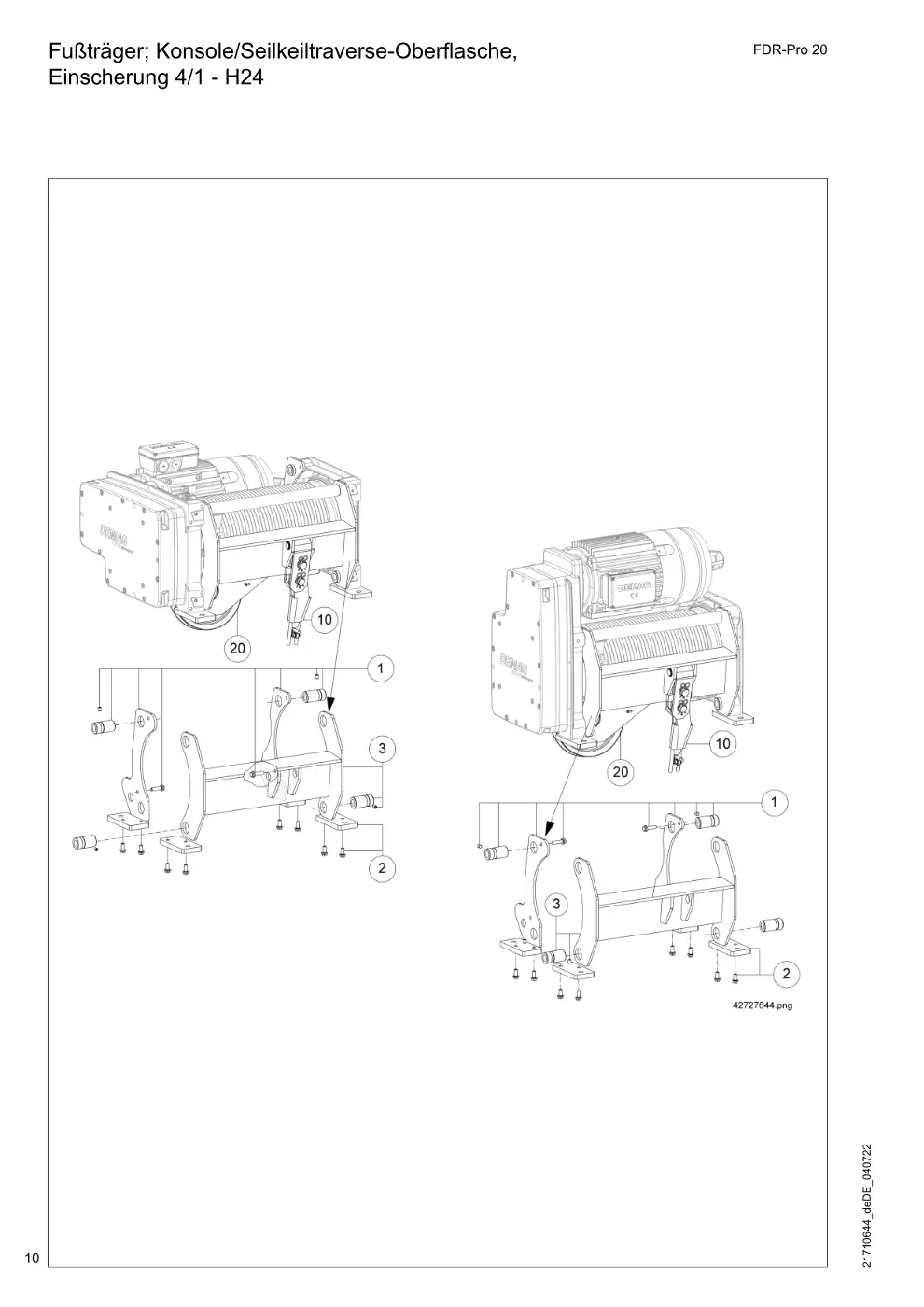 Demag FDR-Pro 20 – Fußträger; Konsole/Seilkeiltraverse-Oberflasche, Einscherung 4/1 - H24, Zeichnung Seite 10