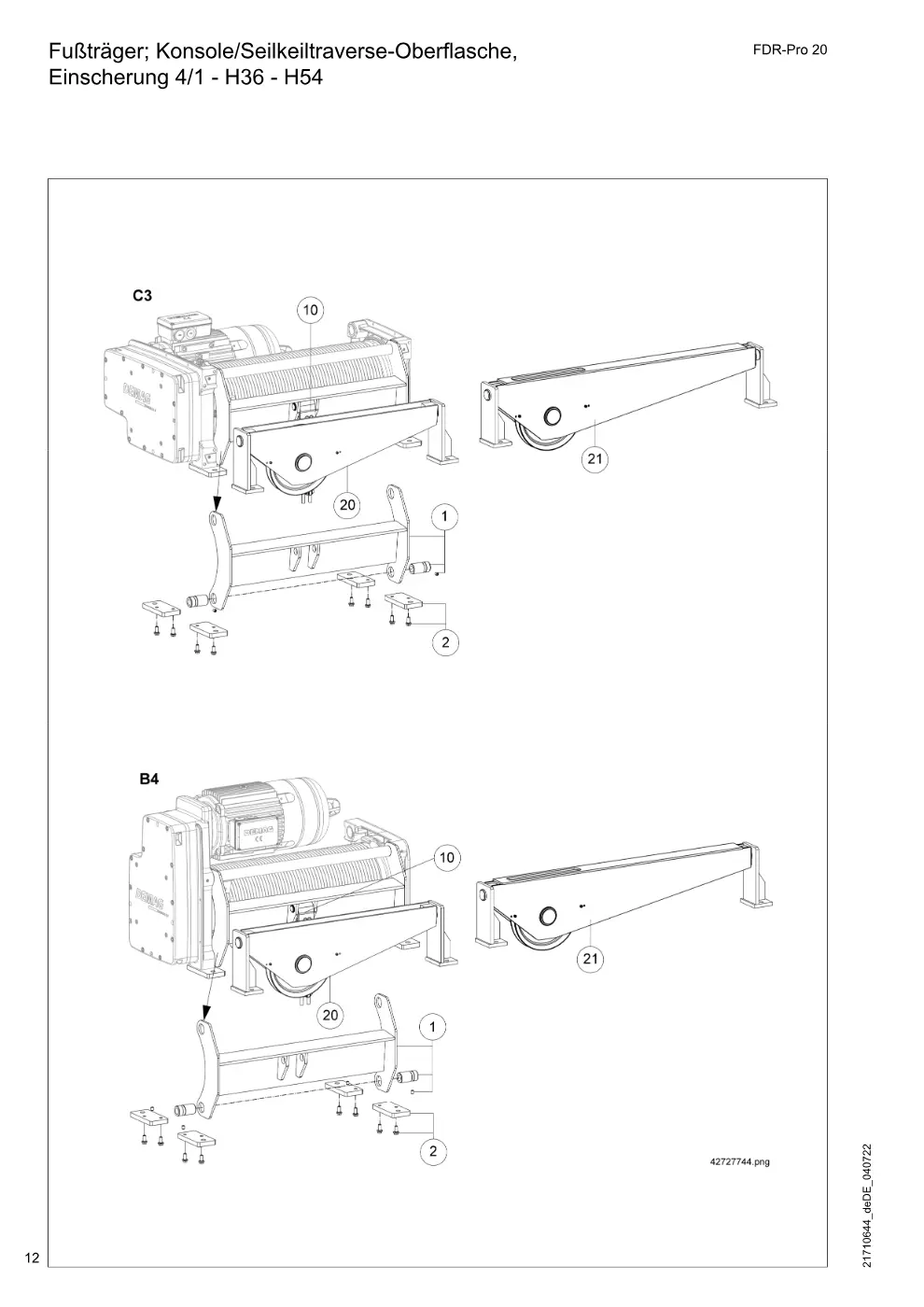 Demag FDR-Pro 20 – Fußträger; Konsole/Seilkeiltraverse-Oberflasche, Einscherung 4/1 - H36 - H54, Zeichnung Seite 12