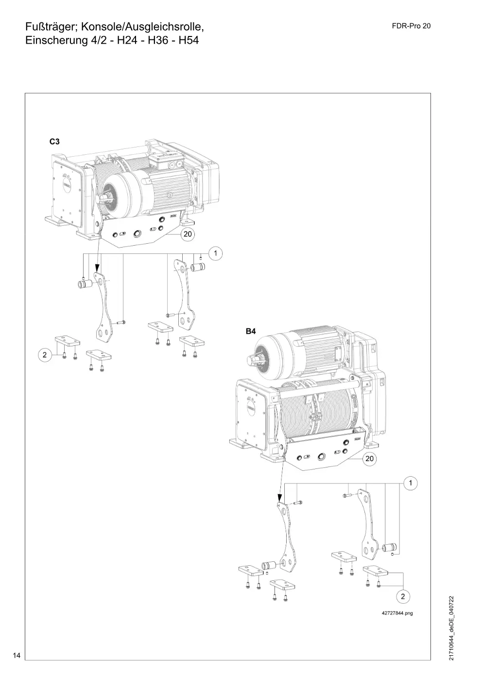Demag FDR-Pro 20 – Fußträger; Konsole/Ausgleichsrolle, Einscherung 4/2 - H24 - H36 - H54, Zeichnung Seite 14