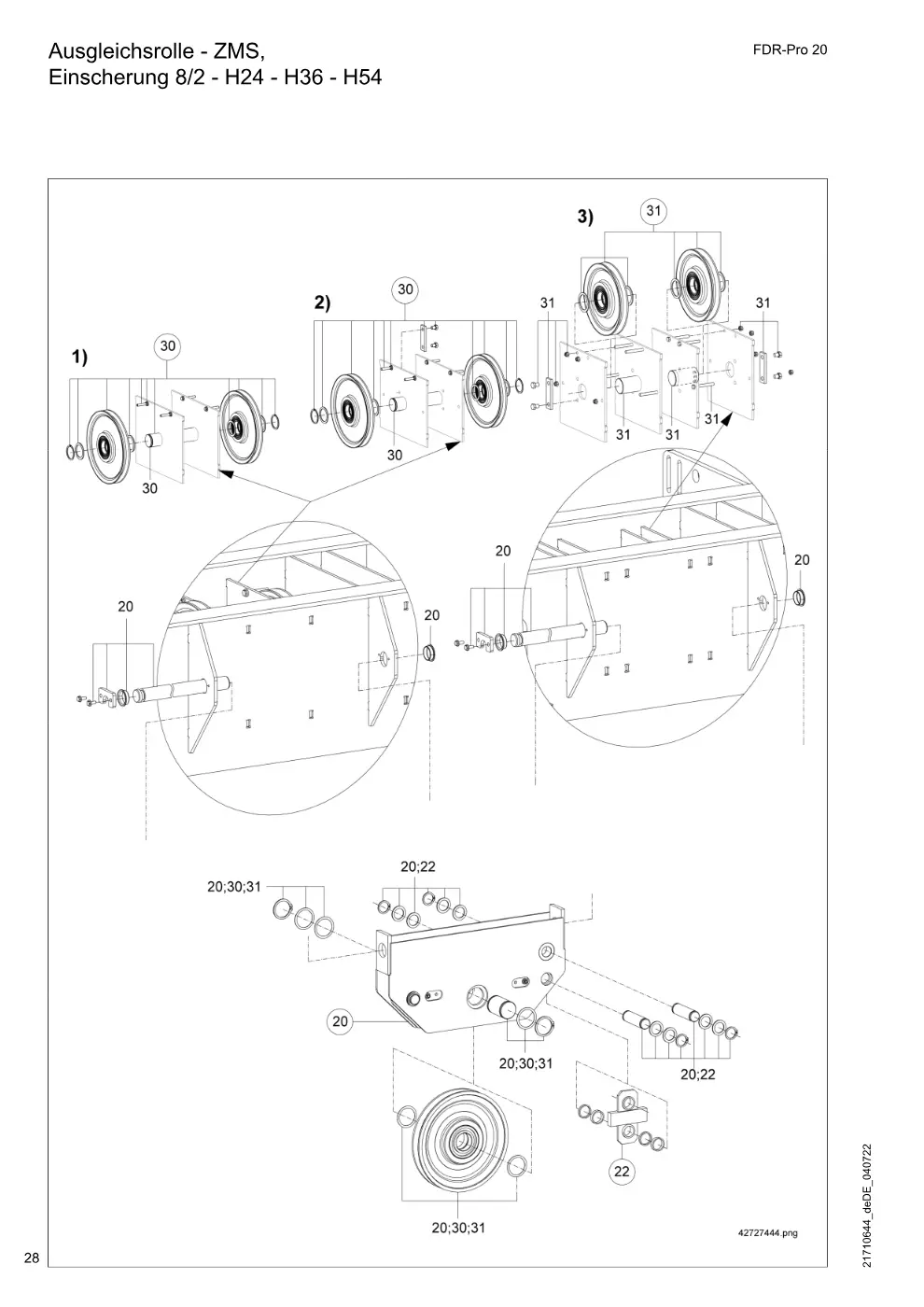 Demag FDR-Pro 20 – Ausgleichsrolle - ZMS, Einscherung 8/2 - H24 - H36 - H54, Zeichnung Seite 28