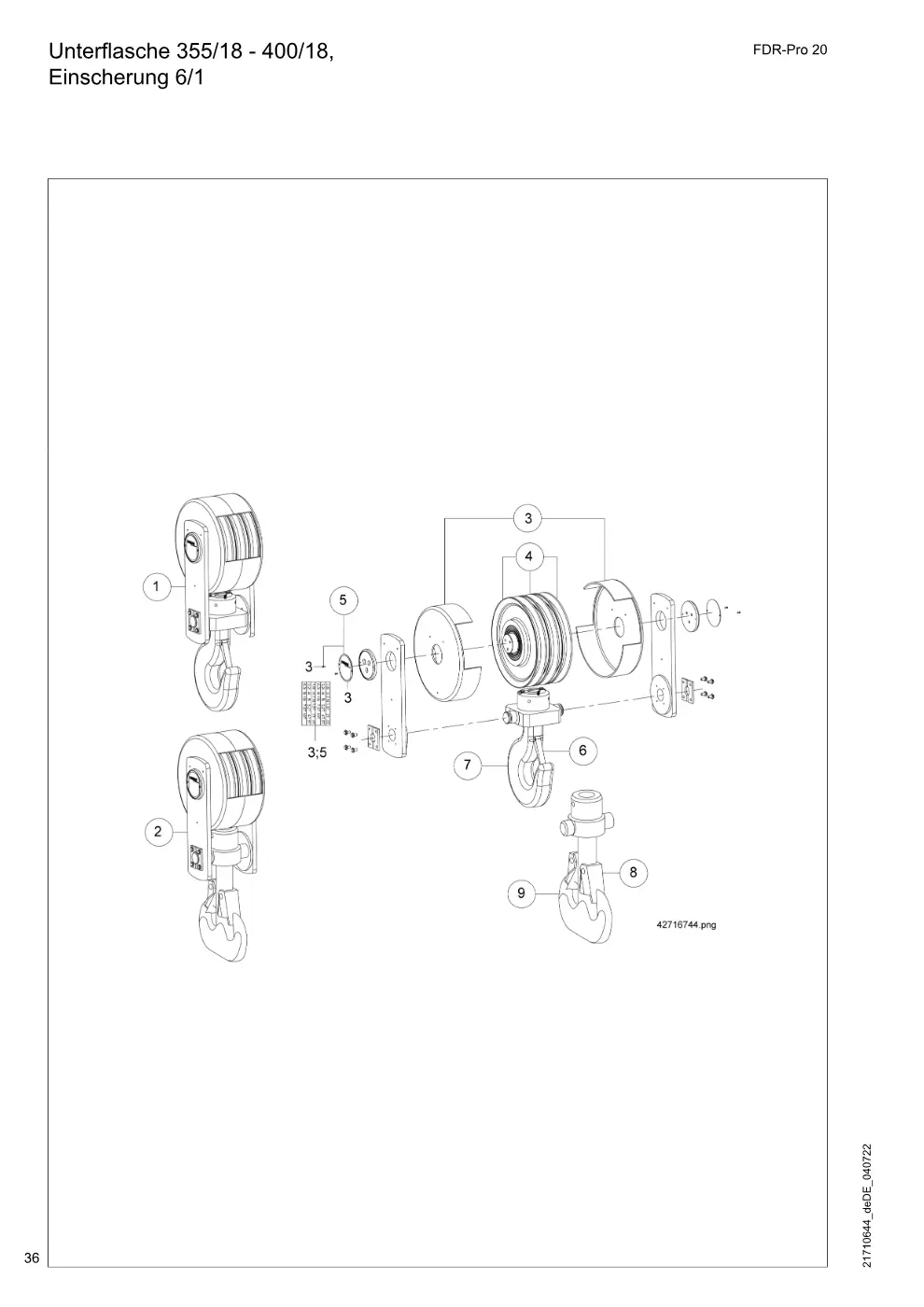 Demag FDR-Pro 20 – Unterflasche 355/18 - 400/18, Einscherung 6/1, Zeichnung Seite 36