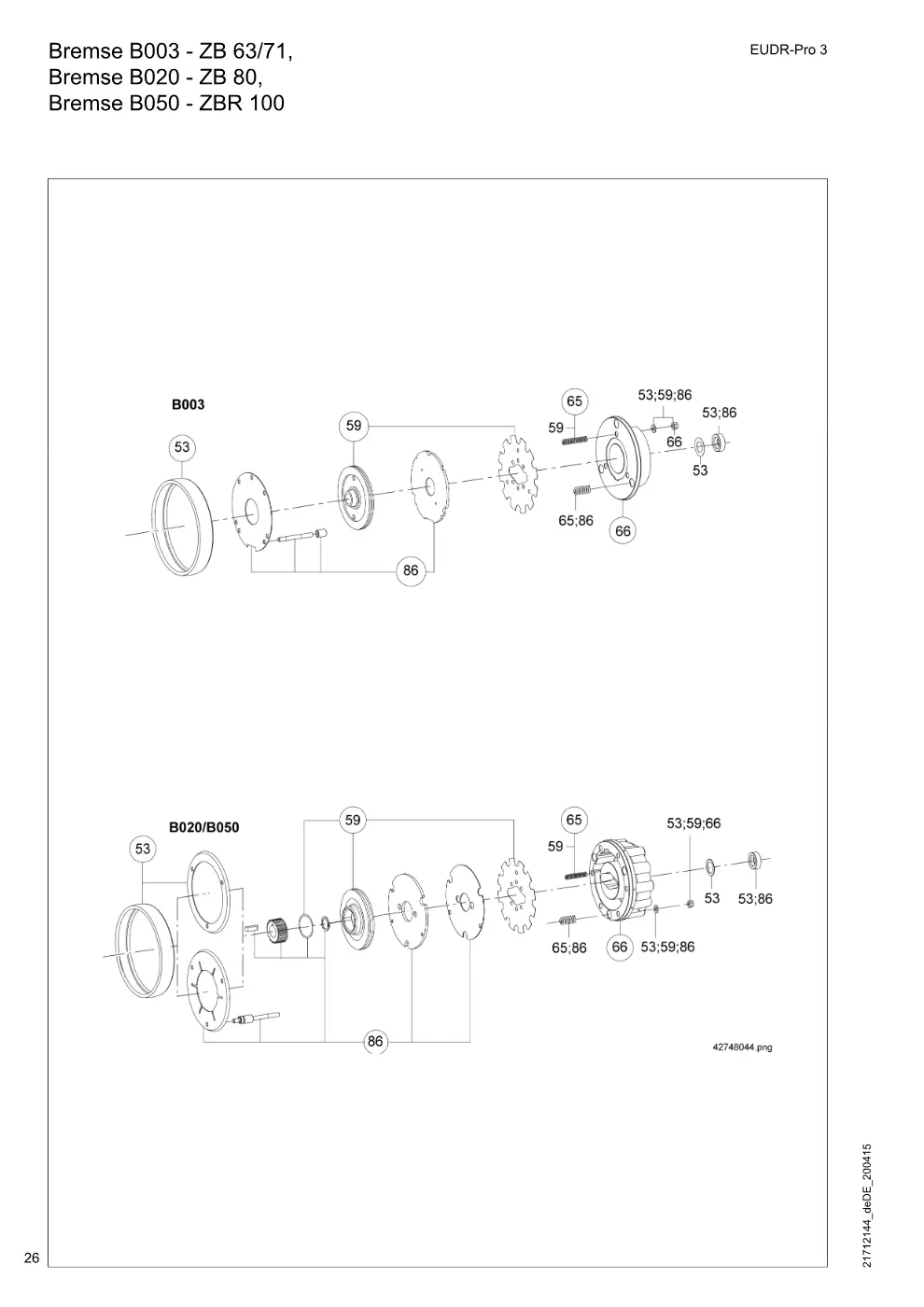 Demag EUDR-Pro 3 – Bremse B003 - ZB 63/71, Bremse B020 - ZB 80, Bremse B050 - ZBR 100, Zeichnung Seite 26