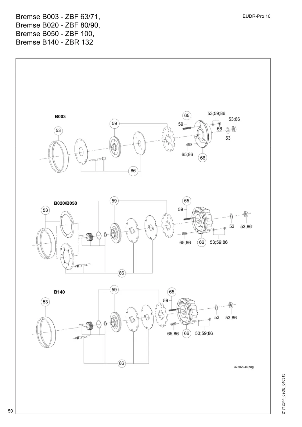 Demag EUDR-Pro 10 – Bremse B003 - ZBF 63/71, Bremse B020 - ZBF 80/90, Bremse B050 - ZBF 100,, Zeichnung Seite 50