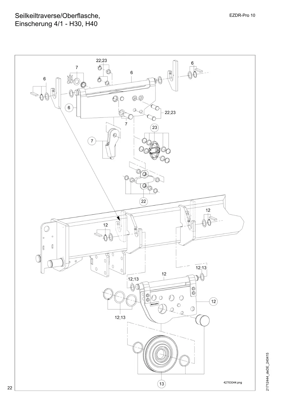 Demag EZDR-Pro 10 – Seilkeiltraverse/Oberflasche, Einscherung 4/1 - H30, H40, Zeichnung Seite 22