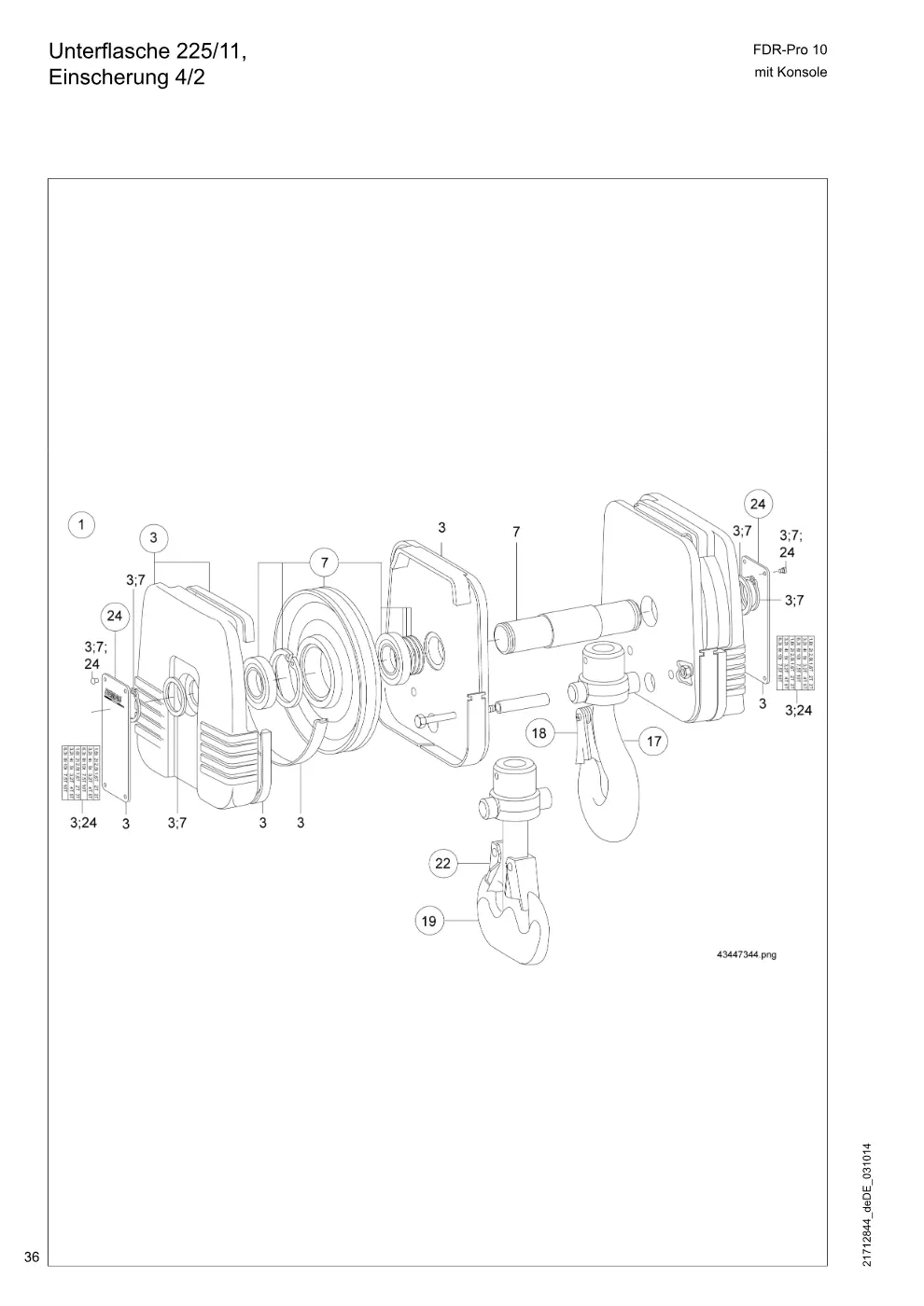 Demag FDR-Pro 10 mit Konsole – Unterflasche 225/11, Einscherung 4/2, Zeichnung Seite 36