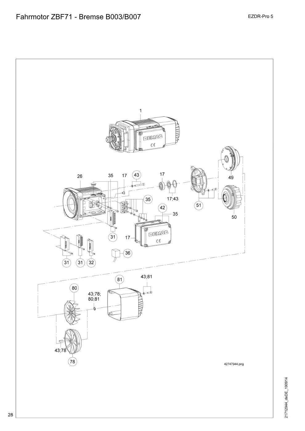 Demag EZDR-Pro 5 – Fahrmotor ZBF71 - Bremse B003/B007, Zeichnung Seite 28