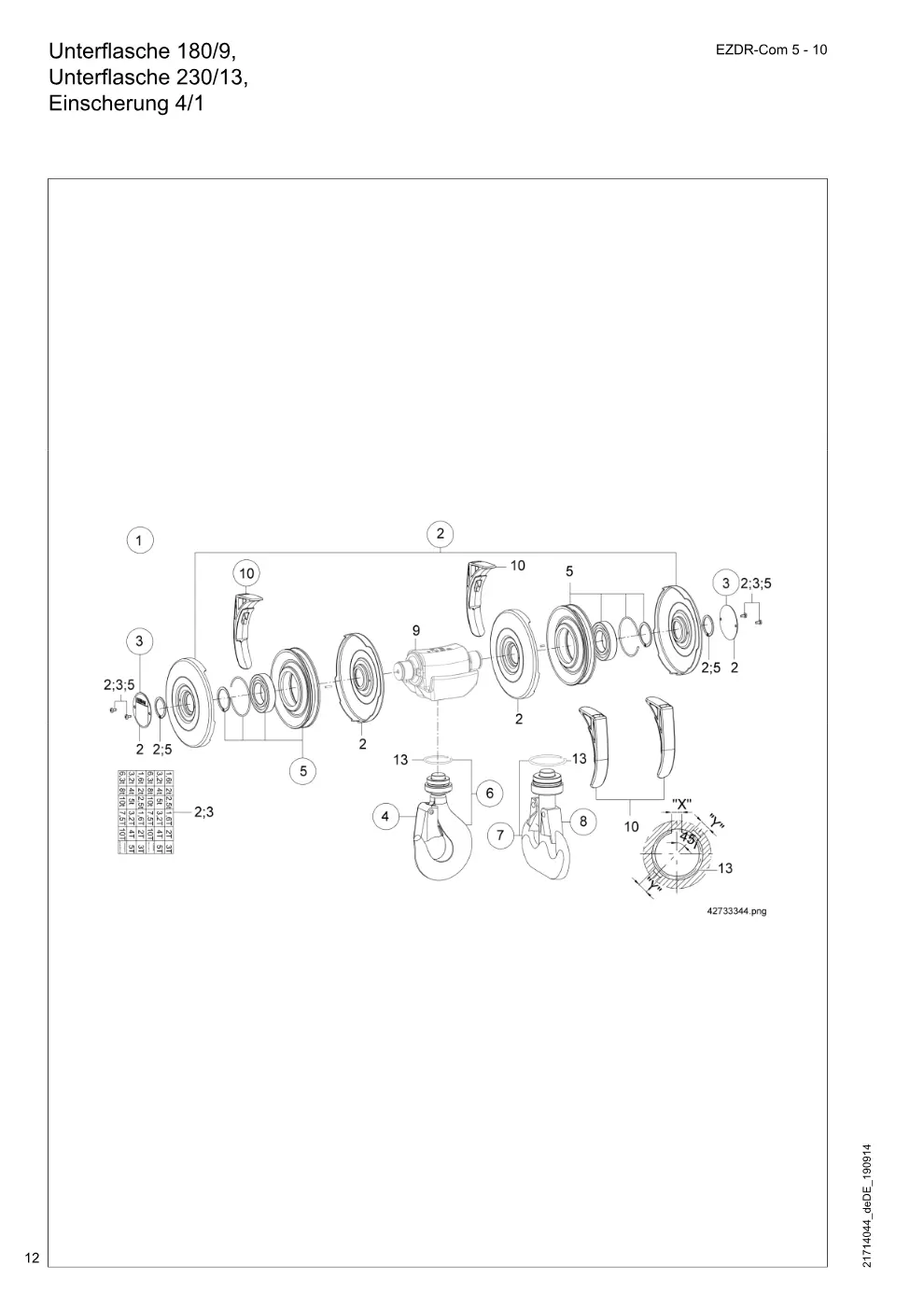 Demag EZDR-Com 5-10 – Unterflasche 180/9, Unterflasche 230/13, Einscherung 4/1, Zeichnung Seite 12