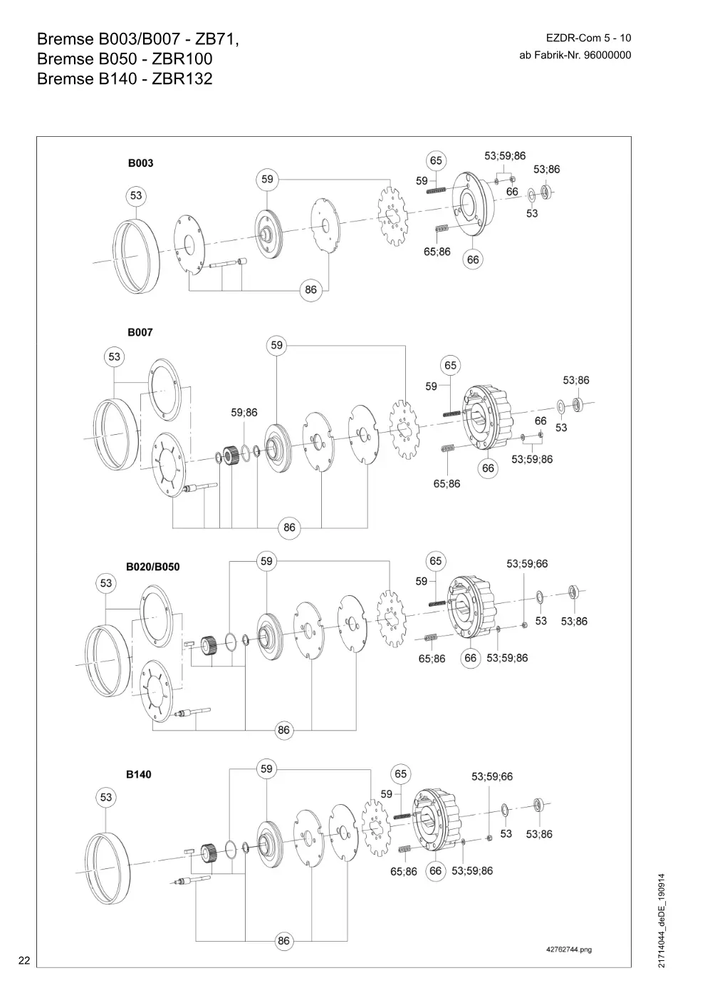 Demag EZDR-Com 5-10 – Bremse B003/B007 - ZB71, Bremse B050 - ZBR100 Bremse B140 - ZBR132, Zeichnung Seite 22