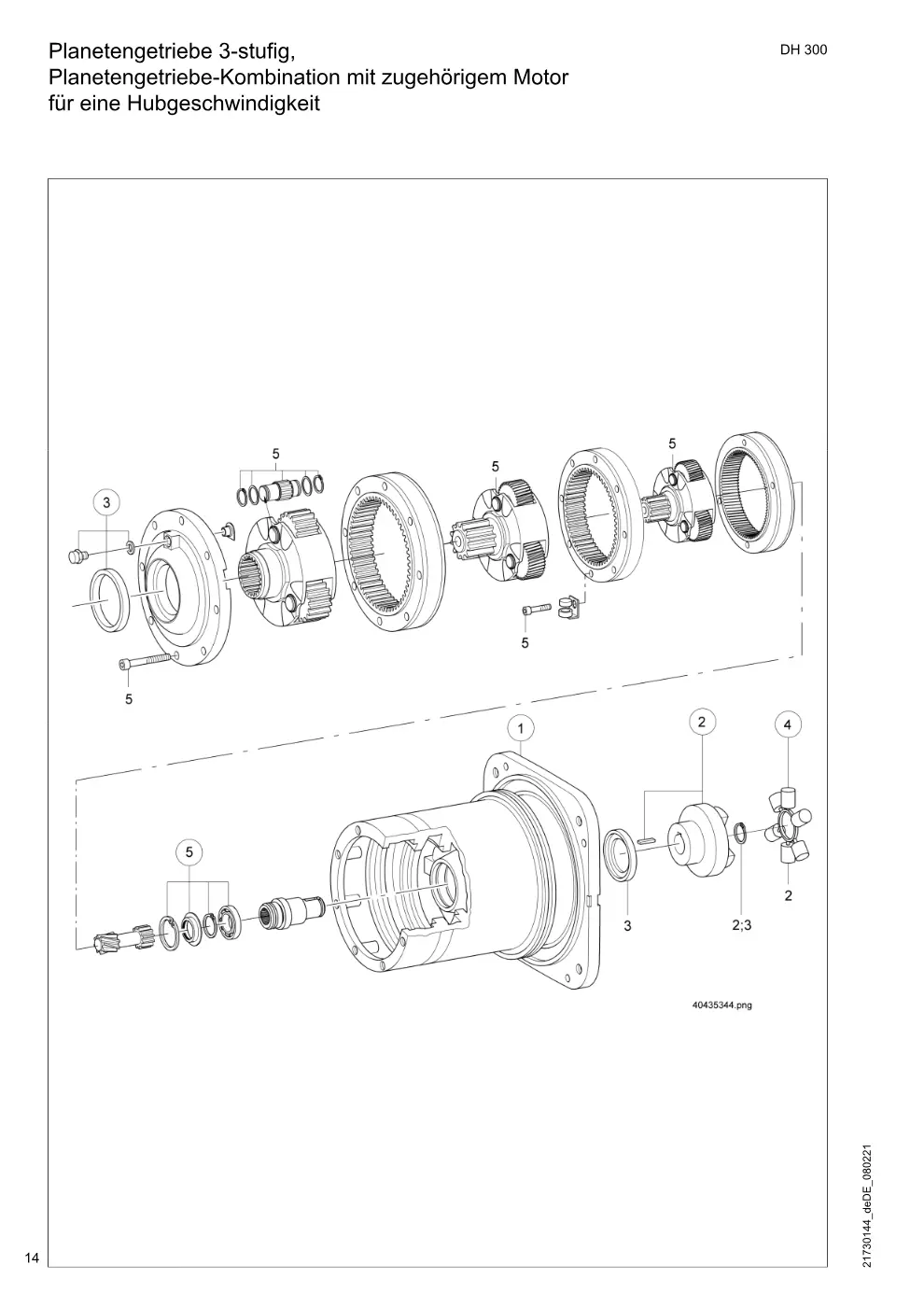 Demag DH 300 – Planetengetriebe 3-stufig, Planetengetriebe-Kombination mit zugehörigem Motor für eine Hubgeschwindigkeit, Zeichnung Seite 14