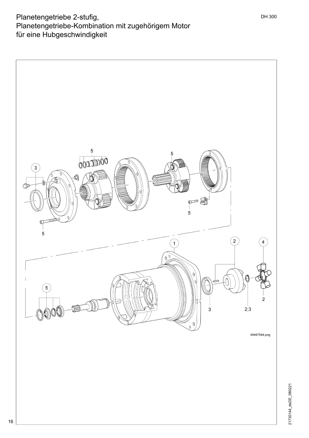 Demag DH 300 – Planetengetriebe 2-stufig, Planetengetriebe-Kombination mit zugehörigem Motor für eine Hubgeschwindigkeit, Zeichnung Seite 16