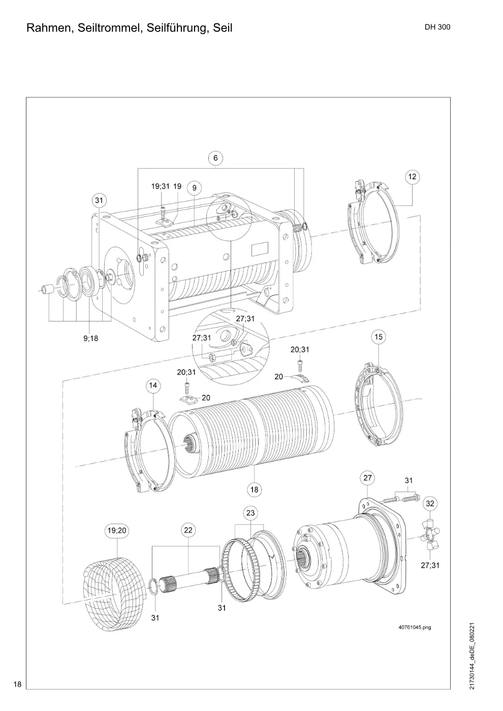 Demag DH 300 – Rahmen, Seiltrommel, Seilführung, Seil, Zeichnung Seite 18