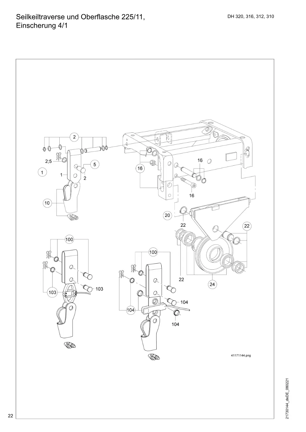 Demag DH 300 – Seilkeiltraverse und Oberflasche 225/11, Einscherung 4/1, Zeichnung Seite 22