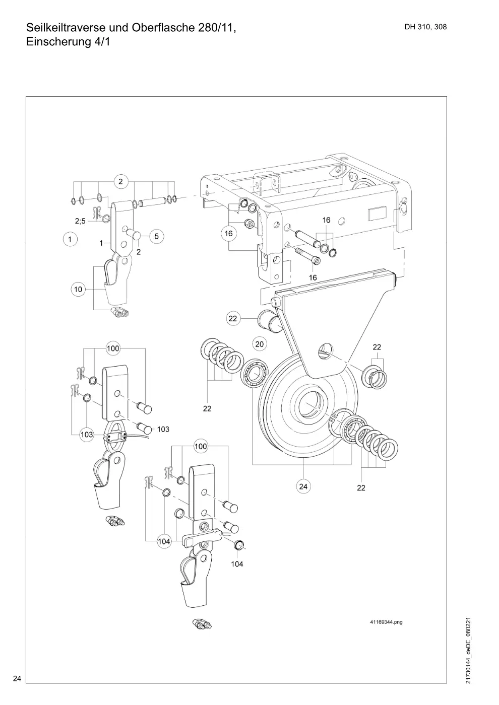 Demag DH 300 – Seilkeiltraverse und Oberflasche 280/11, Einscherung 4/1, Zeichnung Seite 24