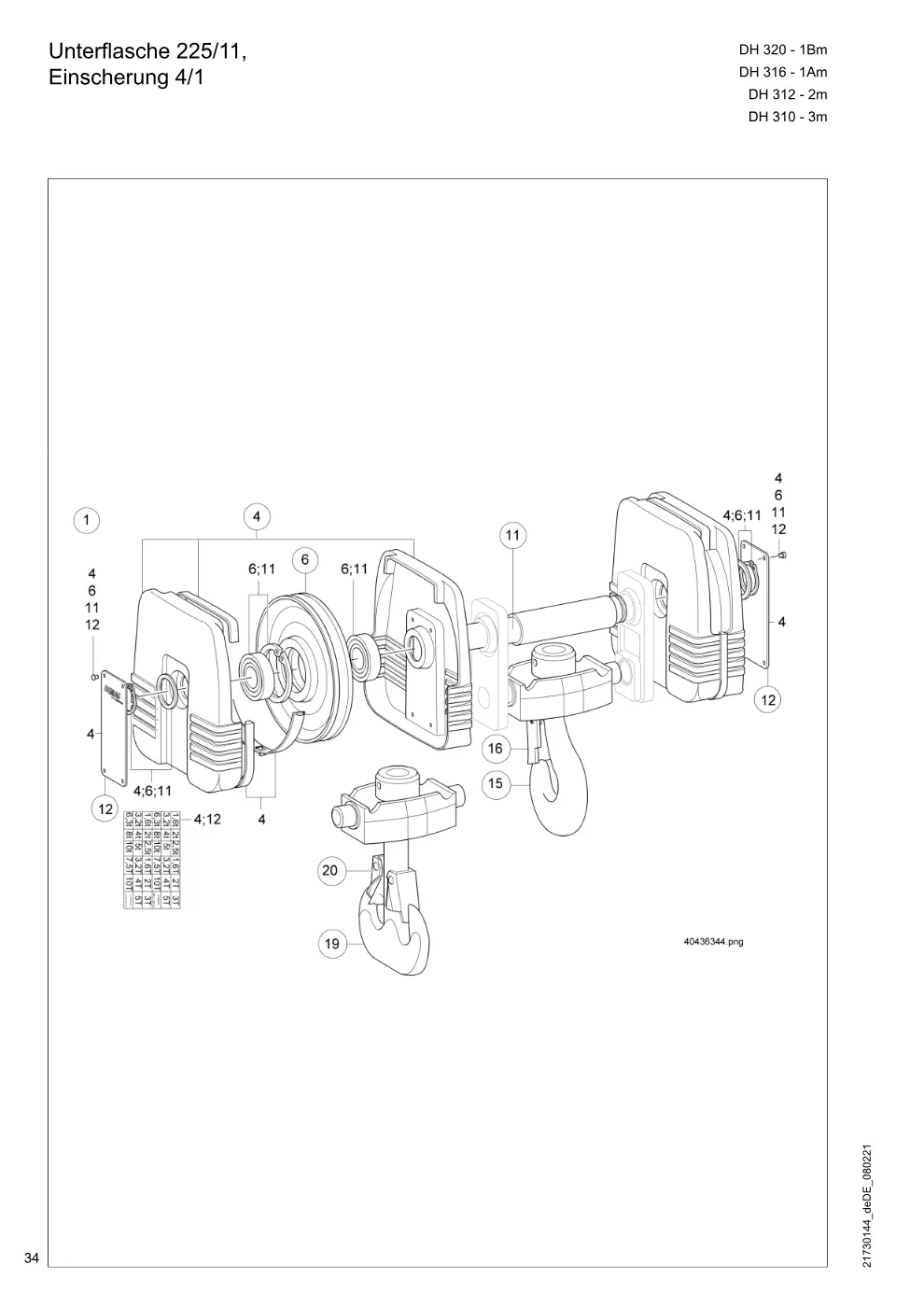 Demag DH 300 – Unterflasche 225/11, Einscherung 4/1, Zeichnung Seite 34