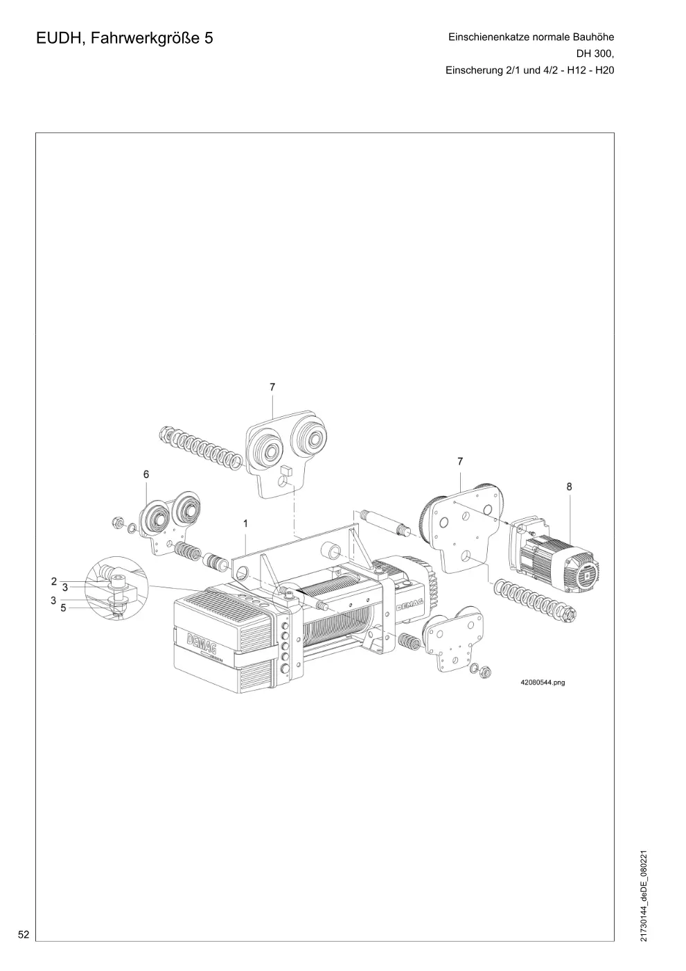 Demag DH 300 – EUDH, Fahrwerkgröße 5 Einschienenkatze normale Bauhöhe Einscherung 2/1 und 4/2 - H12 - H20, Zeichnung Seite 52