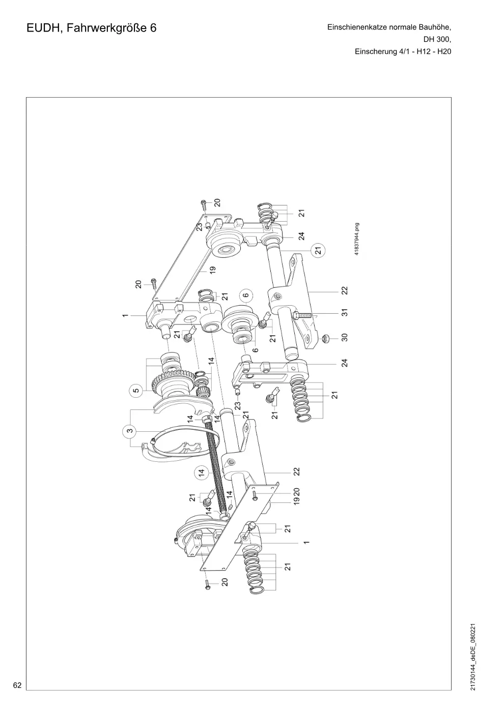 Demag DH 300 – EUDH, Fahrwerkgröße 6 Einschienenkatze normale Bauhöhe, Einscherung 4/1 - H12 - H20, Zeichnung Seite 62