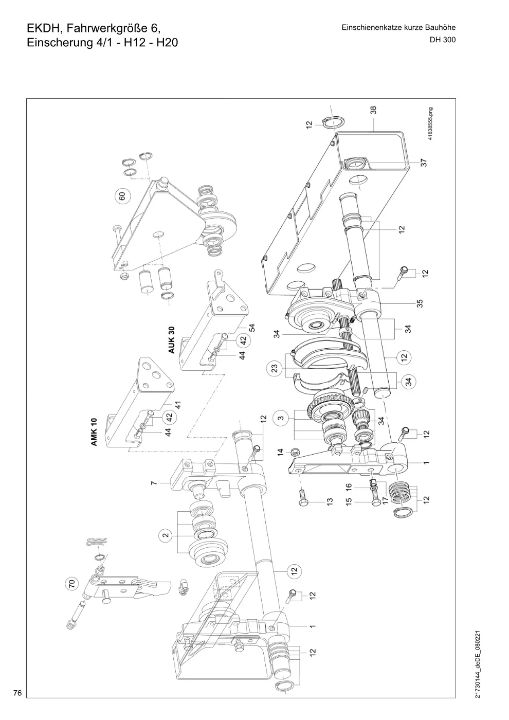 Demag DH 300 – EKDH, Fahrwerkgröße 6, Einschienenkatze kurze Bauhöhe Einscherung 4/1 - H12 - H20, Zeichnung Seite 76