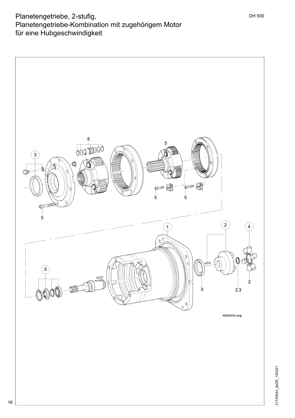 Demag DH 500 – Planetengetriebe, 2-stufig, Planetengetriebe-Kombination mit zugehörigem Motor für eine Hubgeschwindigkeit, Zeichnung Seite 16