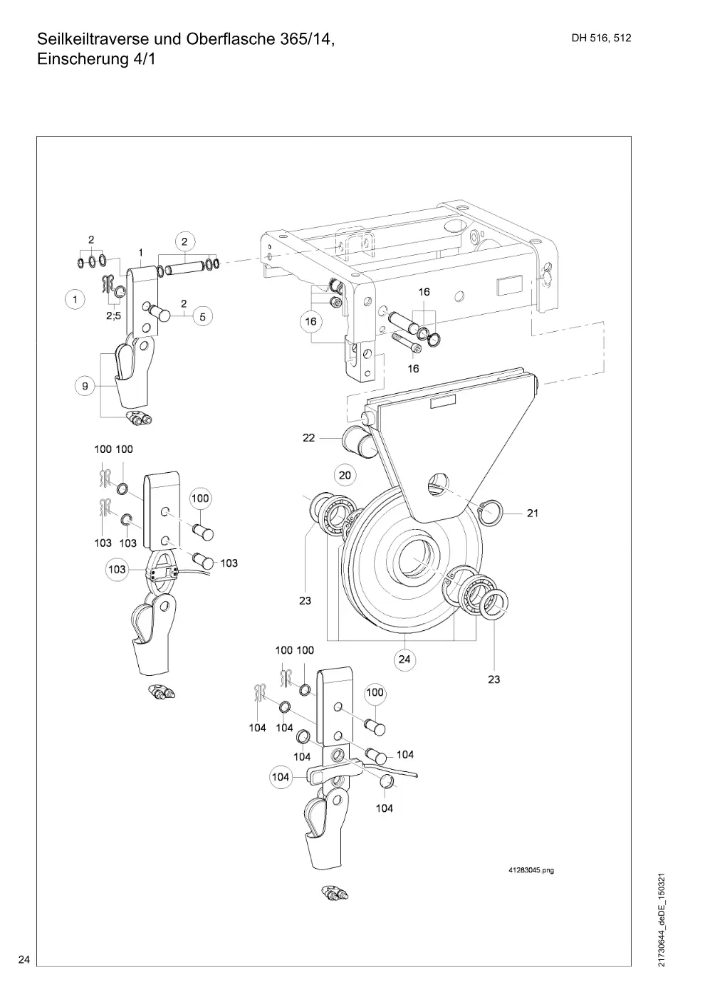 Demag DH 500 – Seilkeiltraverse und Oberflasche 365/14, Einscherung 4/1, Zeichnung Seite 24