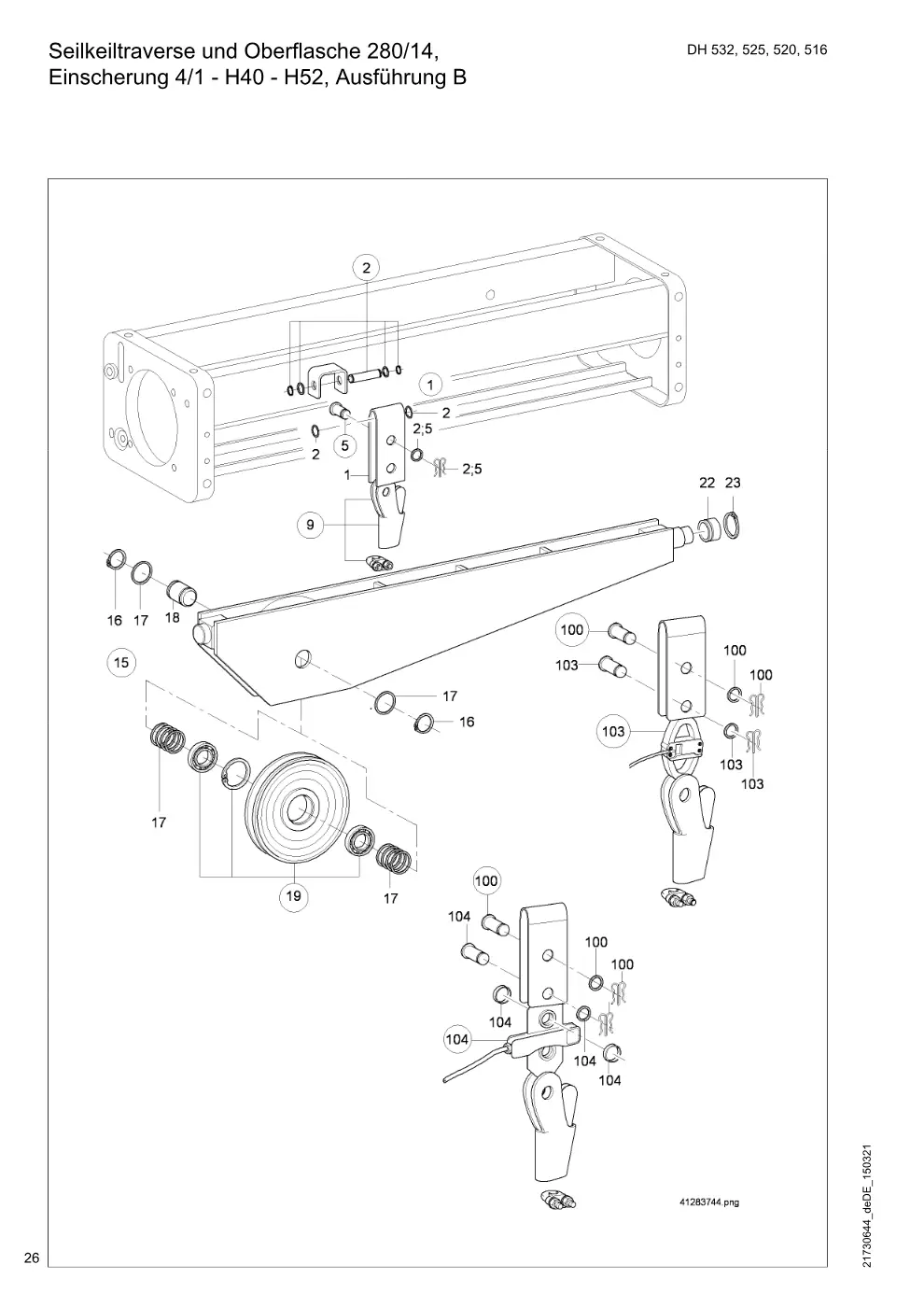 Demag DH 500 – Seilkeiltraverse und Oberflasche 280/14, Einscherung 4/1 - H40 - H52, Ausführung B, Zeichnung Seite 26