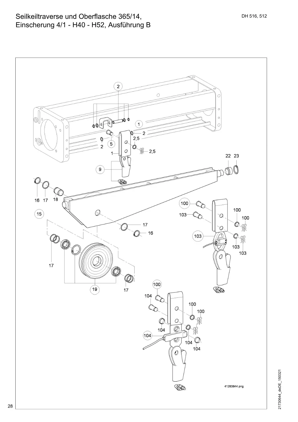 Demag DH 500 – Seilkeiltraverse und Oberflasche 365/14, Einscherung 4/1 - H40 - H52, Ausführung B, Zeichnung Seite 28