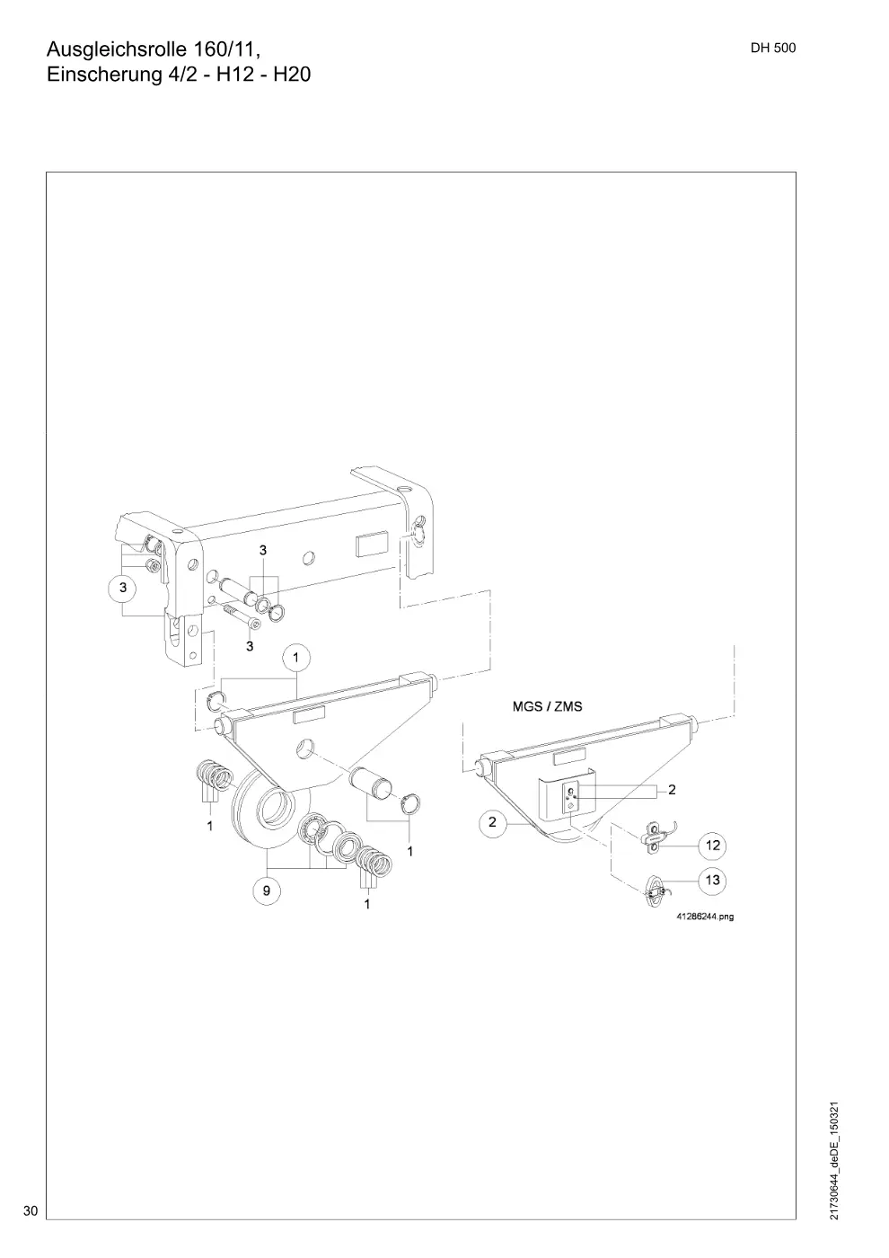 Demag DH 500 – Ausgleichsrolle 160/11, Einscherung 4/2 - H12 - H20, Zeichnung Seite 30