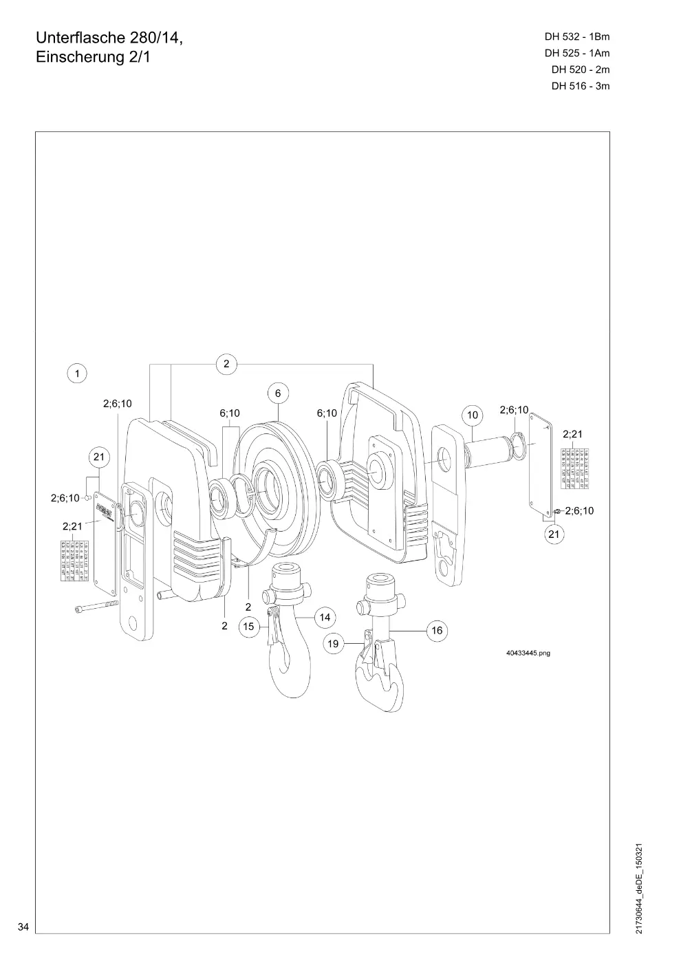 Demag DH 500 – Unterflasche 280/14, Einscherung 2/1, Zeichnung Seite 34