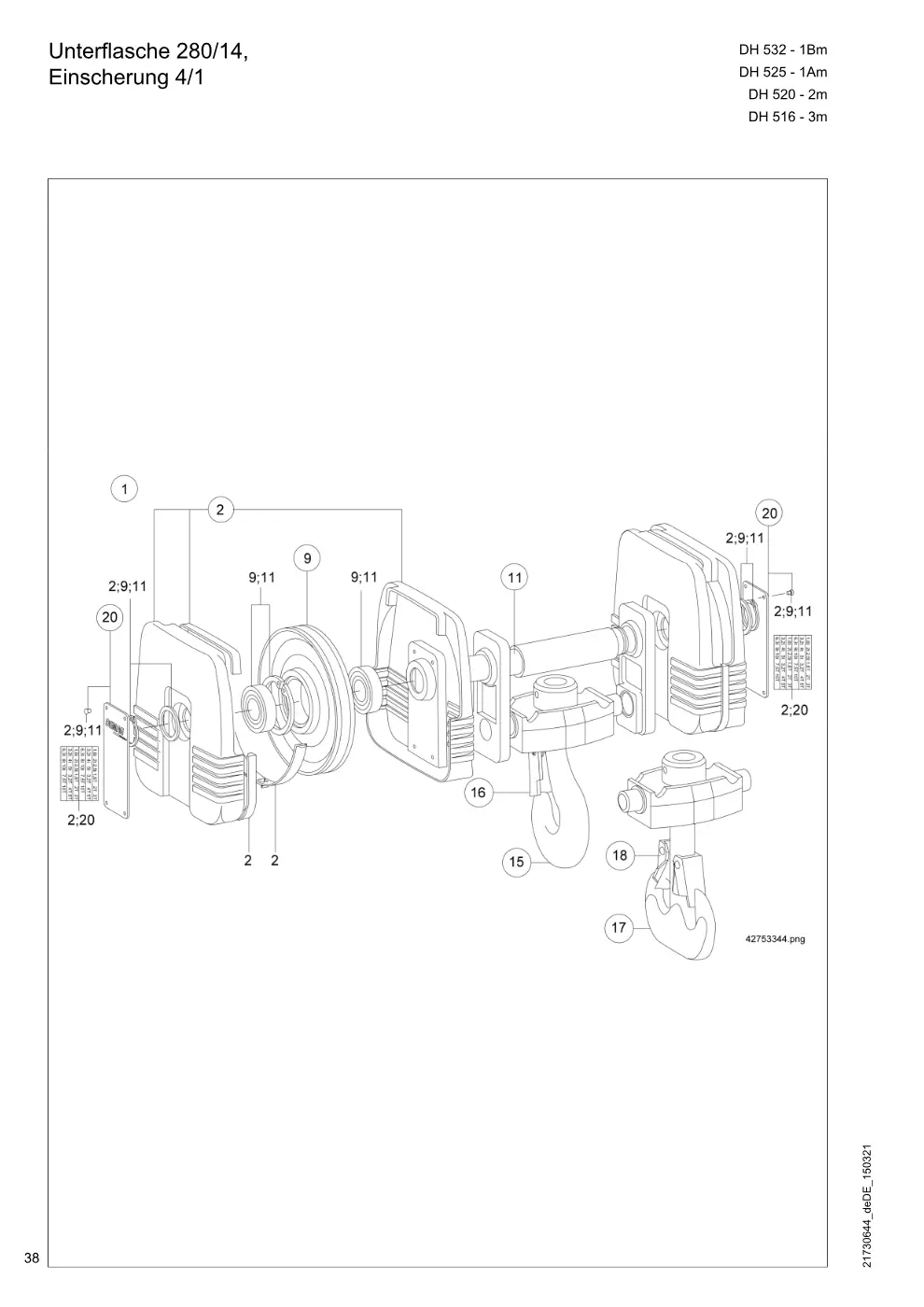 Demag DH 500 – Unterflasche 280/14, Einscherung 4/1, Zeichnung Seite 38