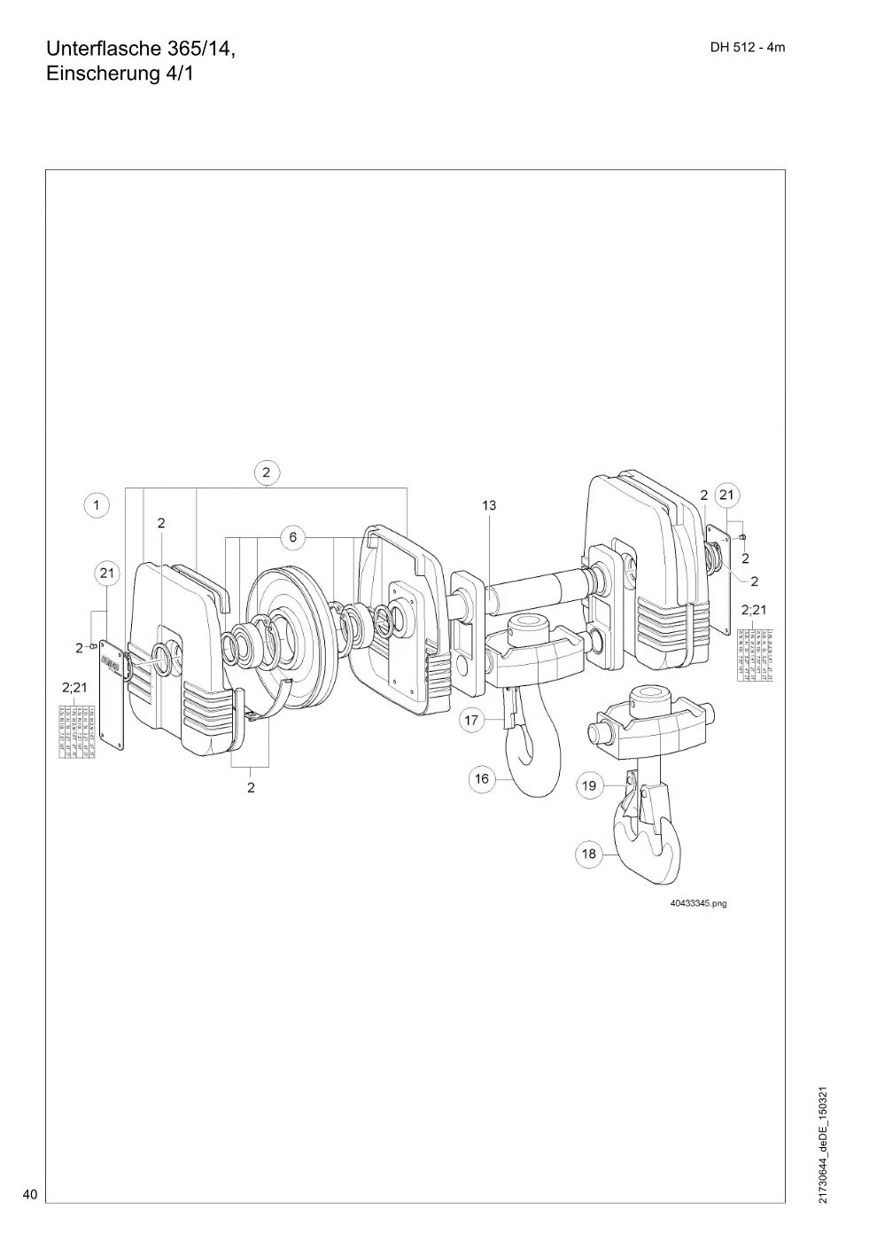 Demag DH 500 – Unterflasche 365/14, Einscherung 4/1, Zeichnung Seite 40