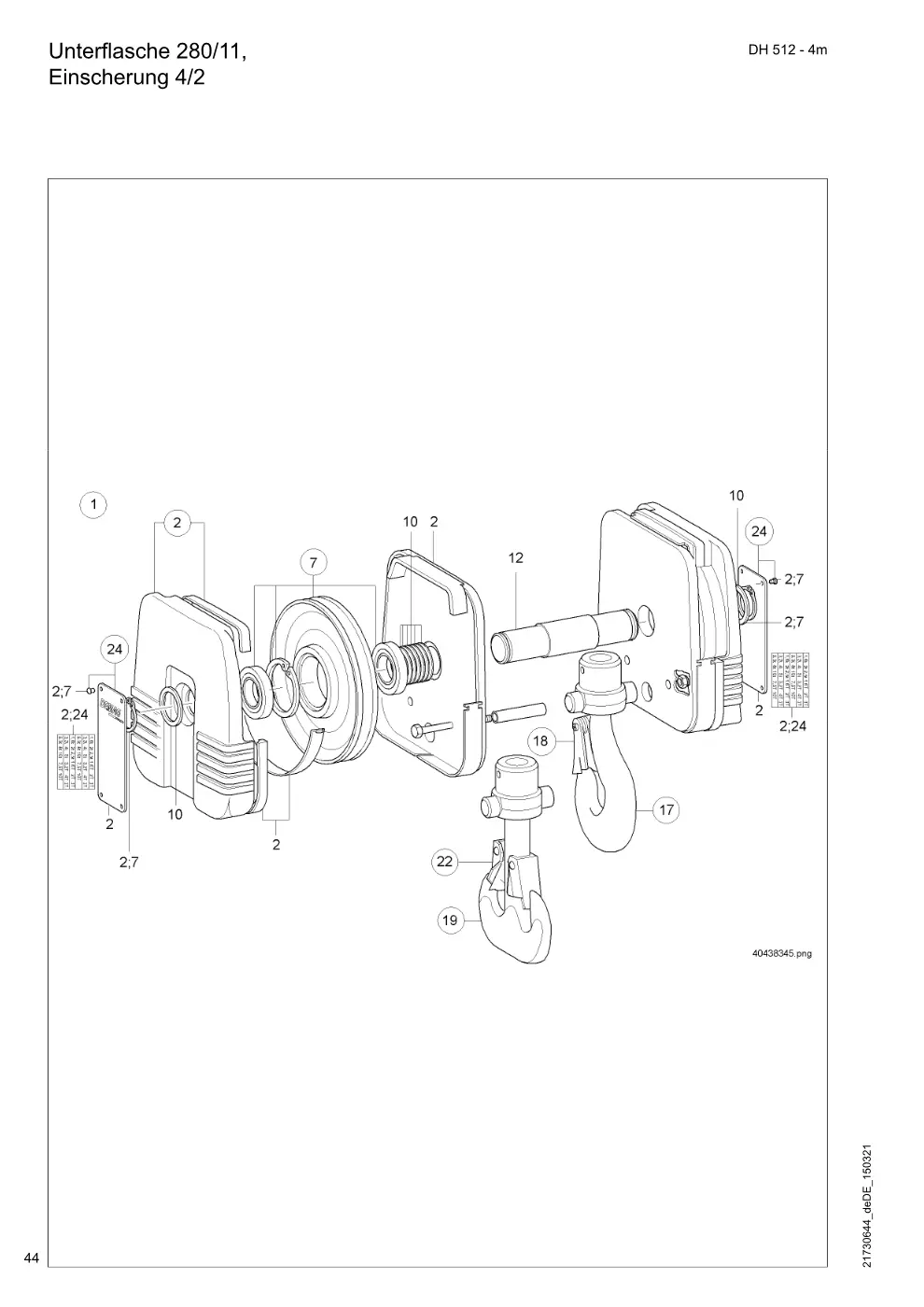 Demag DH 500 – Unterflasche 280/11, Einscherung 4/2, Zeichnung Seite 44