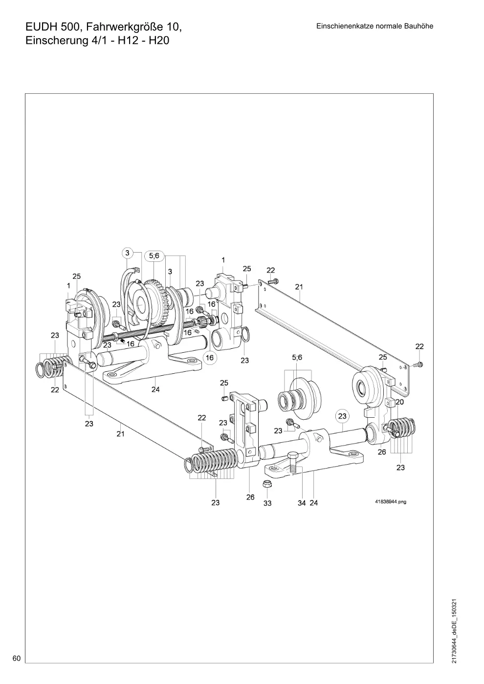 Demag DH 500 – EUDH 500, Fahrwerkgröße 10, Einschienenkatze normale Bauhöhe Einscherung 4/1 - H12 - H20, Zeichnung Seite 60