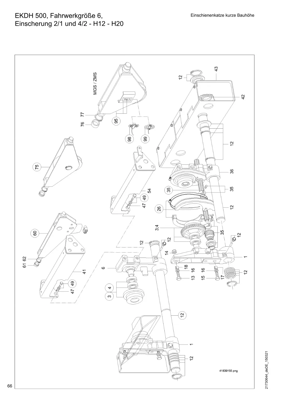 Demag DH 500 – EKDH 500, Fahrwerkgröße 6, Einschienenkatze kurze Bauhöhe Einscherung 2/1 und 4/2 - H12 - H20, Zeichnung Seite 66